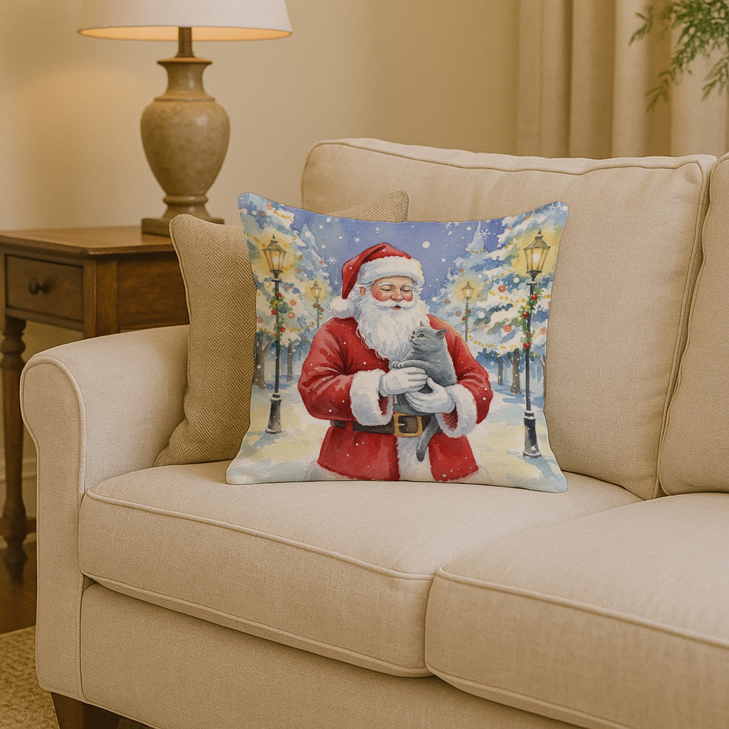 Caroline's Treasures British Shorthair Cat with Santa Claus Throw Pillow
