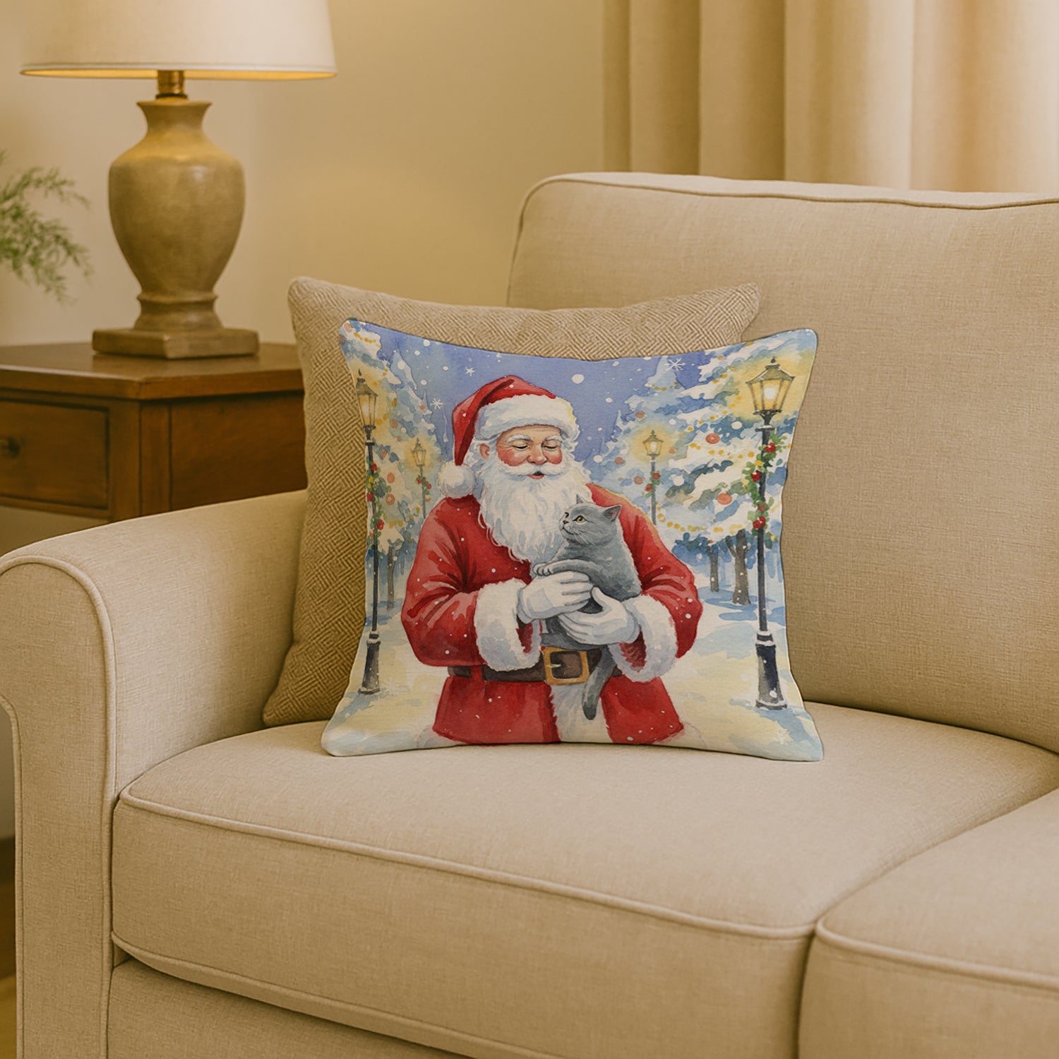 Caroline's Treasures British Shorthair Cat with Santa Claus Throw Pillow