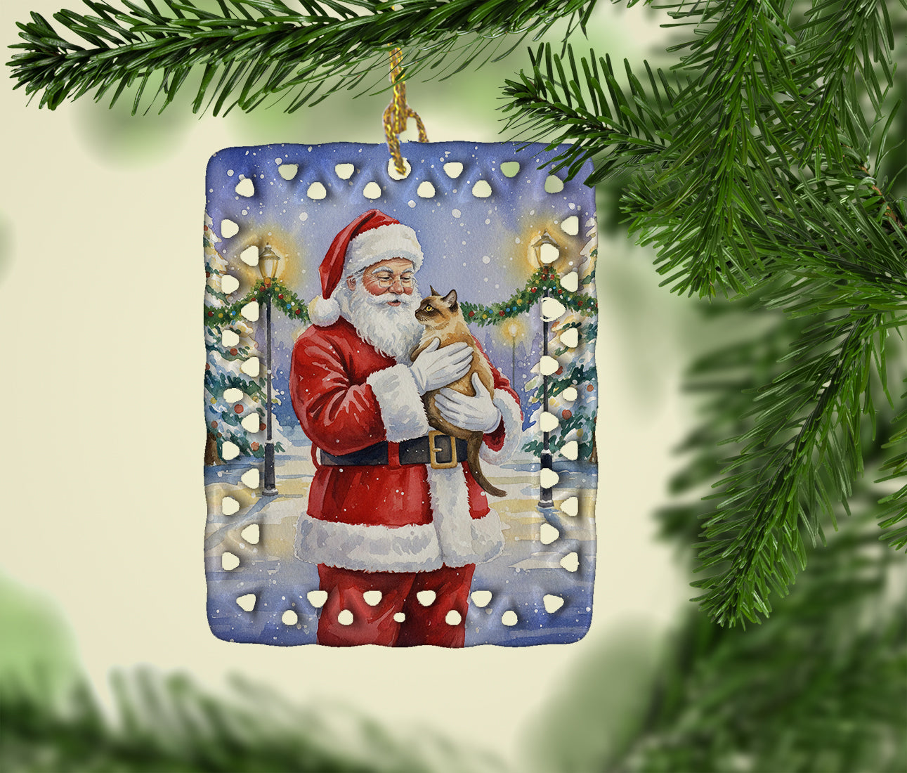 Caroline's Treasures Burmese Cat with Santa Claus Porcelain Ornament