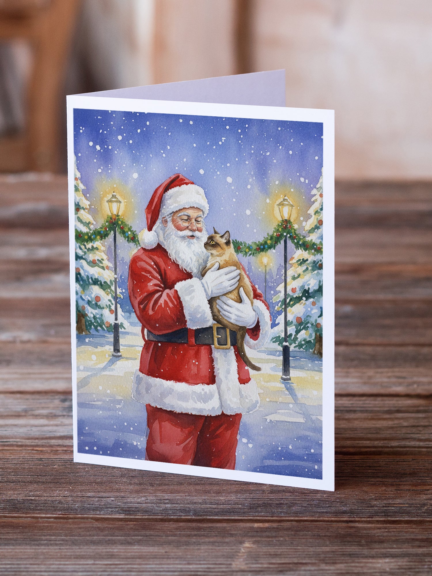 Caroline's Treasures Burmese Cat with Santa Claus Greeting Cards Pack of 8