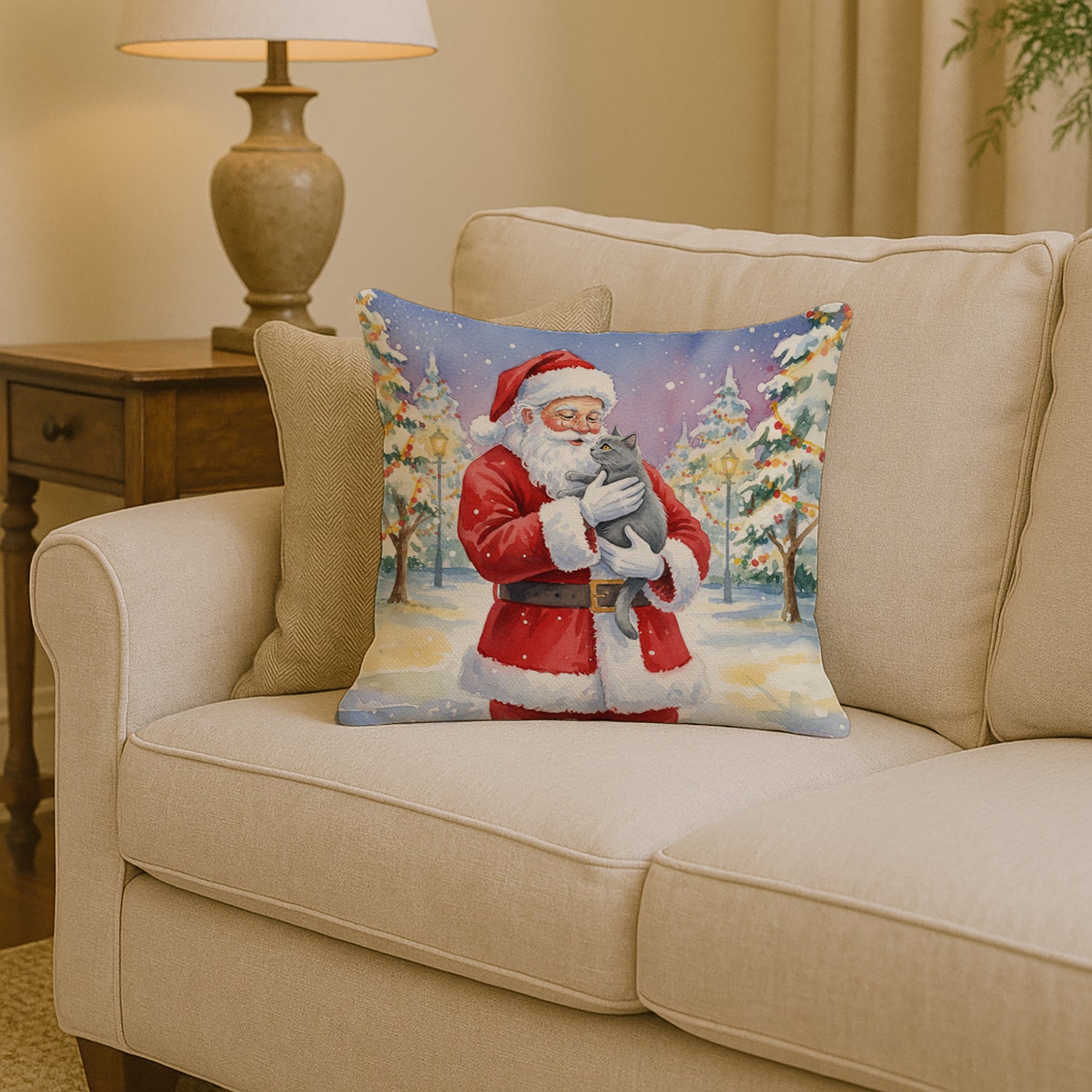 Caroline's Treasures Chartreux Cat with Santa Claus Throw Pillow