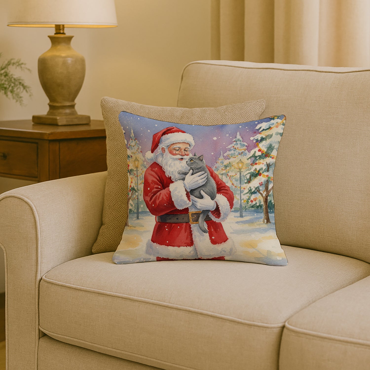 Caroline's Treasures Chartreux Cat with Santa Claus Throw Pillow