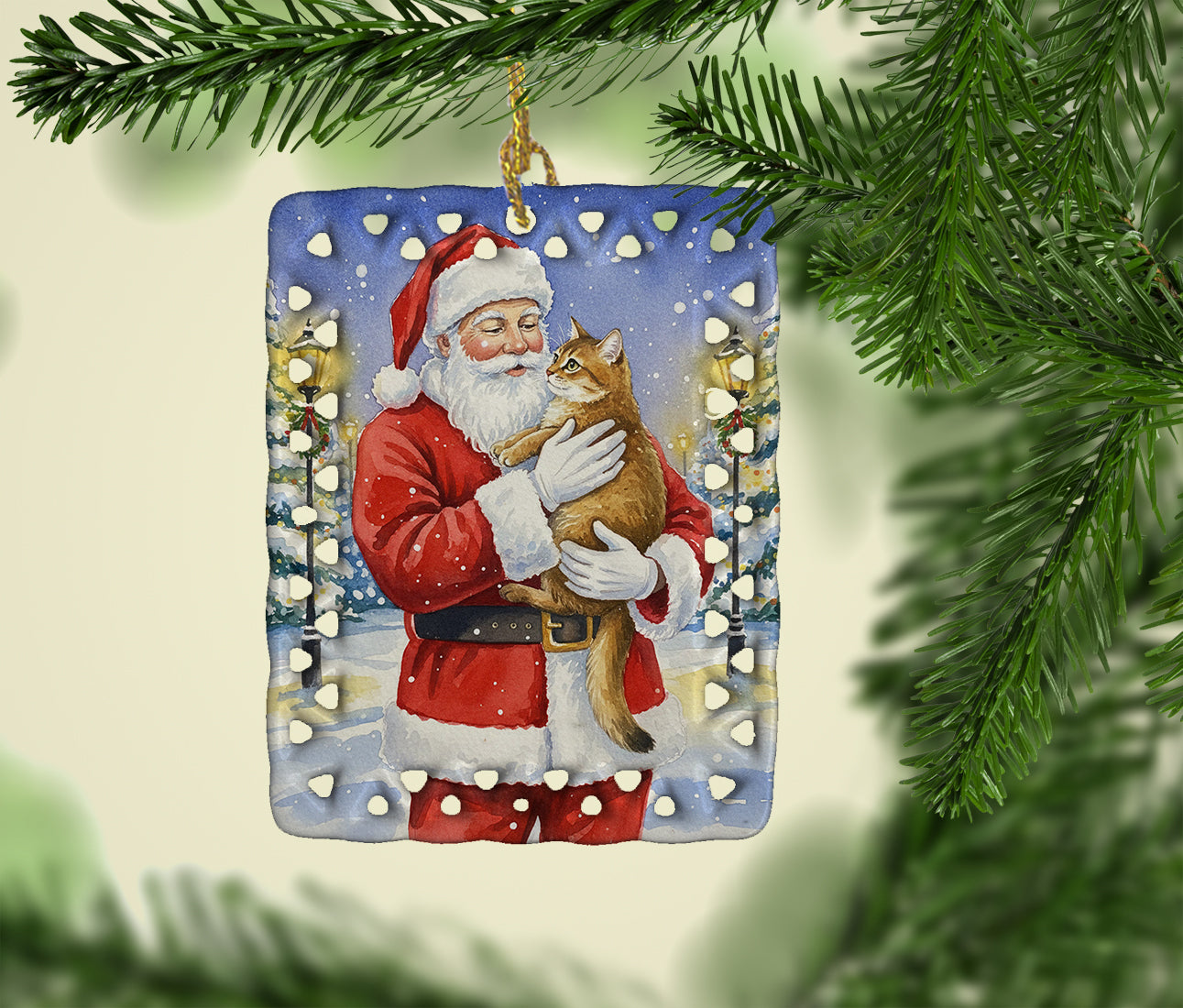 Caroline's Treasures Chausie Cat with Santa Claus Porcelain Ornament