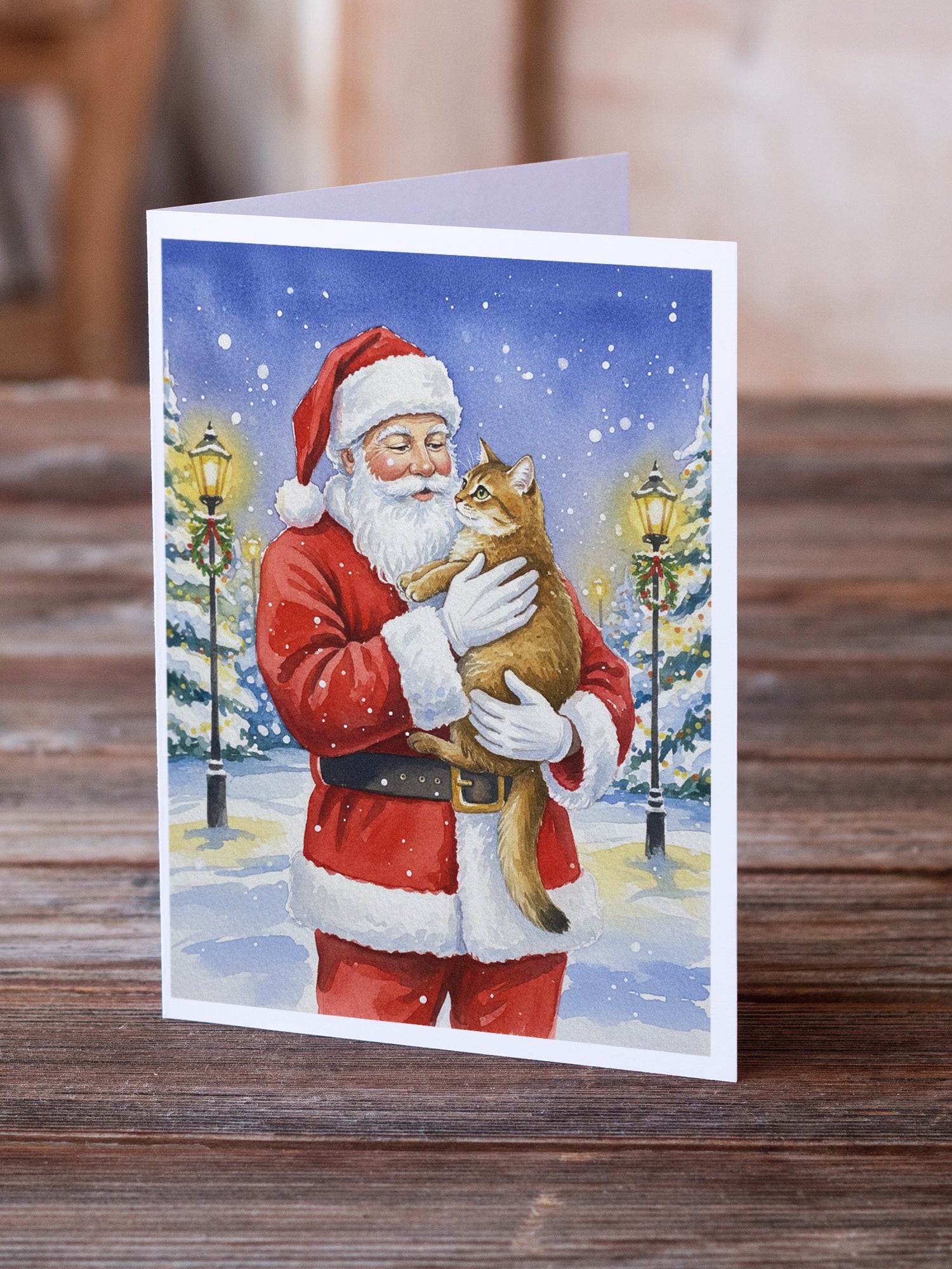 Caroline's Treasures Chausie Cat with Santa Claus Greeting Cards Pack of 8