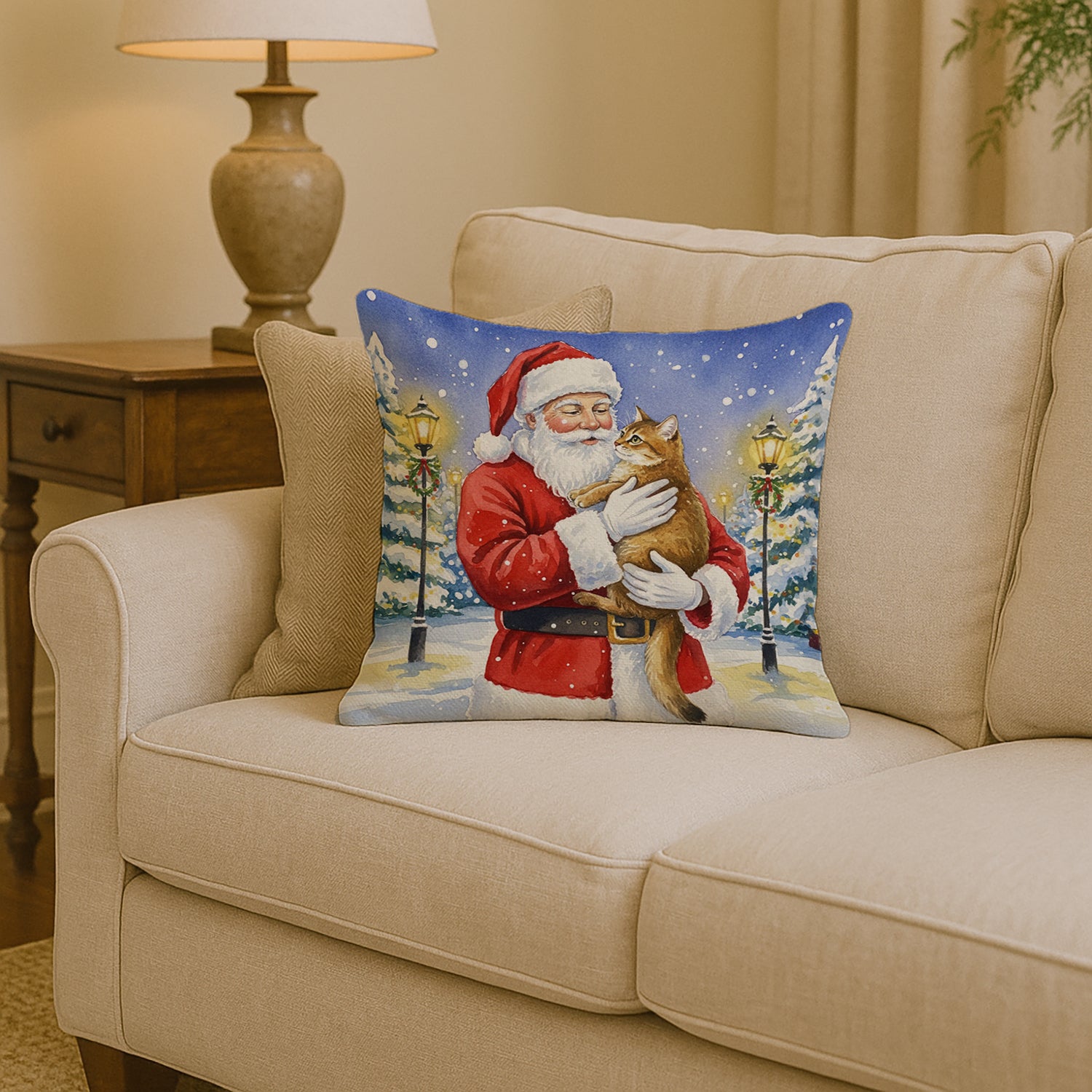 Caroline's Treasures Chausie Cat with Santa Claus Throw Pillow