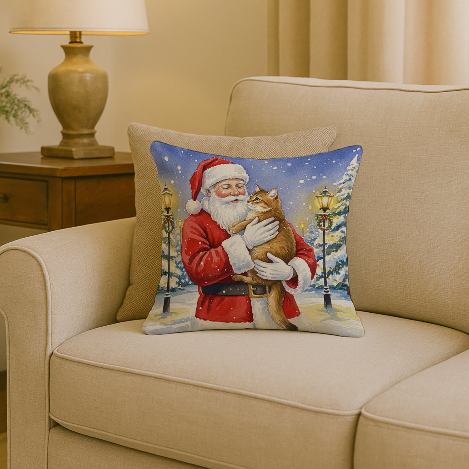 Caroline's Treasures Chausie Cat with Santa Claus Throw Pillow