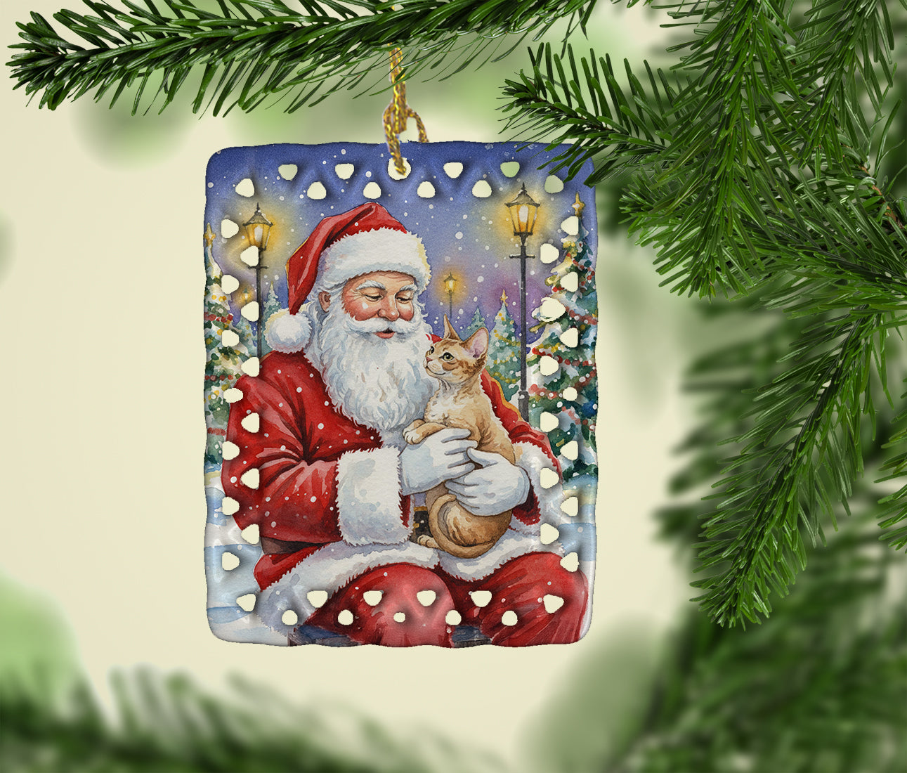 Caroline's Treasures Devon Rex Cat with Santa Claus Porcelain Ornament