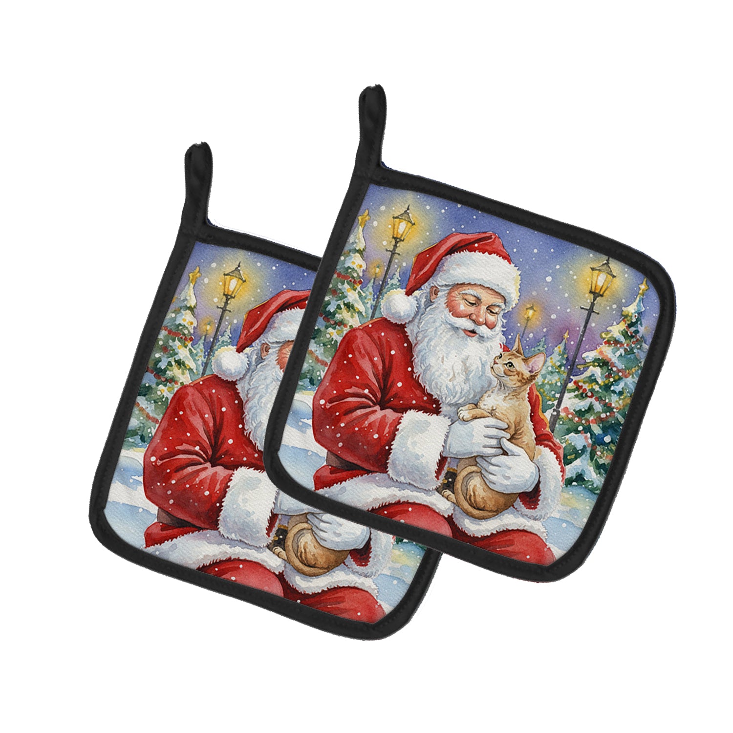 Caroline's Treasures Devon Rex Cat with Santa Claus Pair of Pot Holders