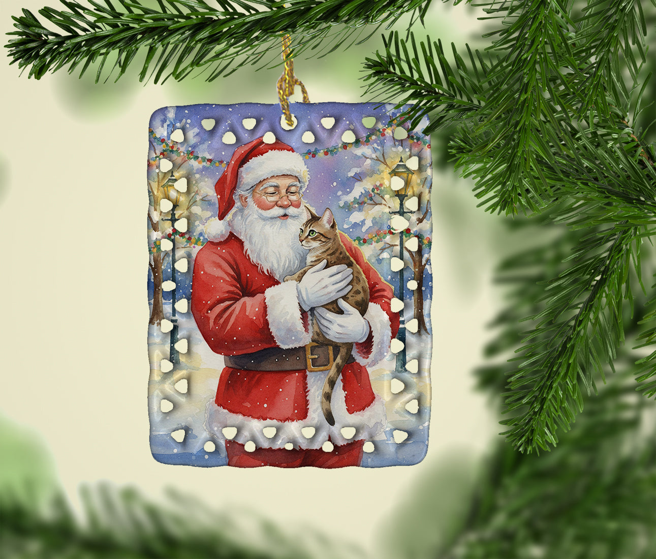 Caroline's Treasures Egyptian Mau Cat with Santa Claus Porcelain Ornament