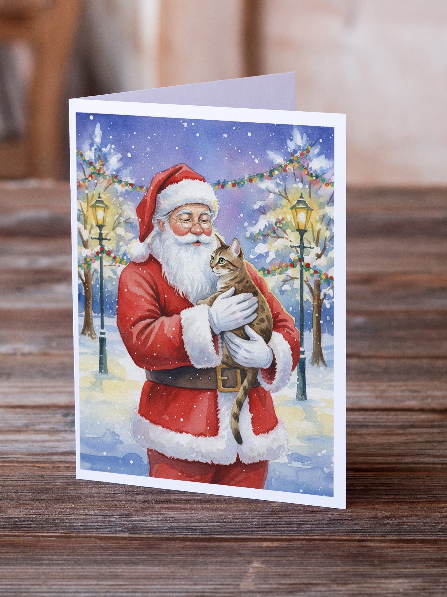 Caroline's Treasures Egyptian Mau Cat with Santa Claus Greeting Cards Pack of 8