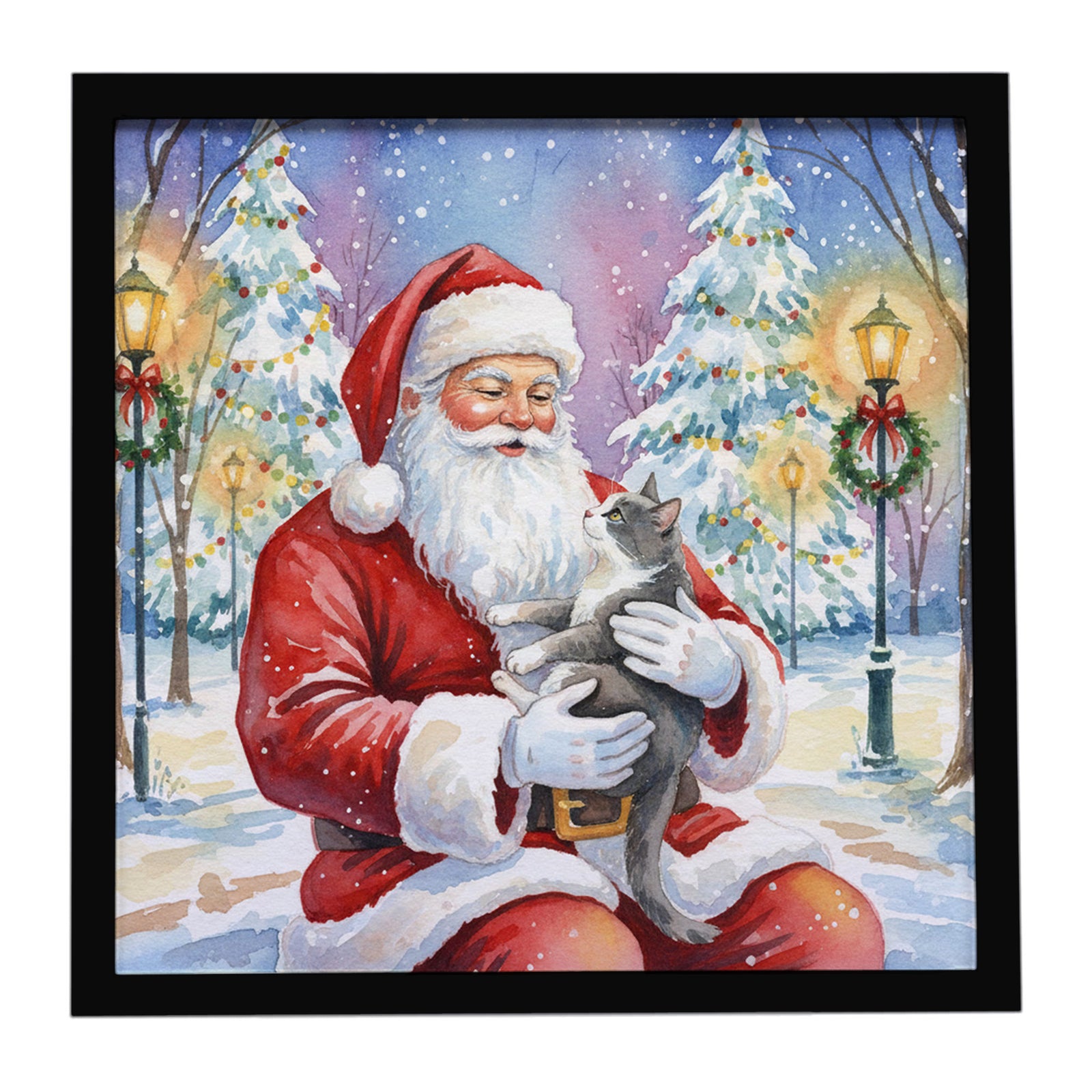 Caroline's Treasures Gray and White Cat with Santa Claus Framed Metal Print
