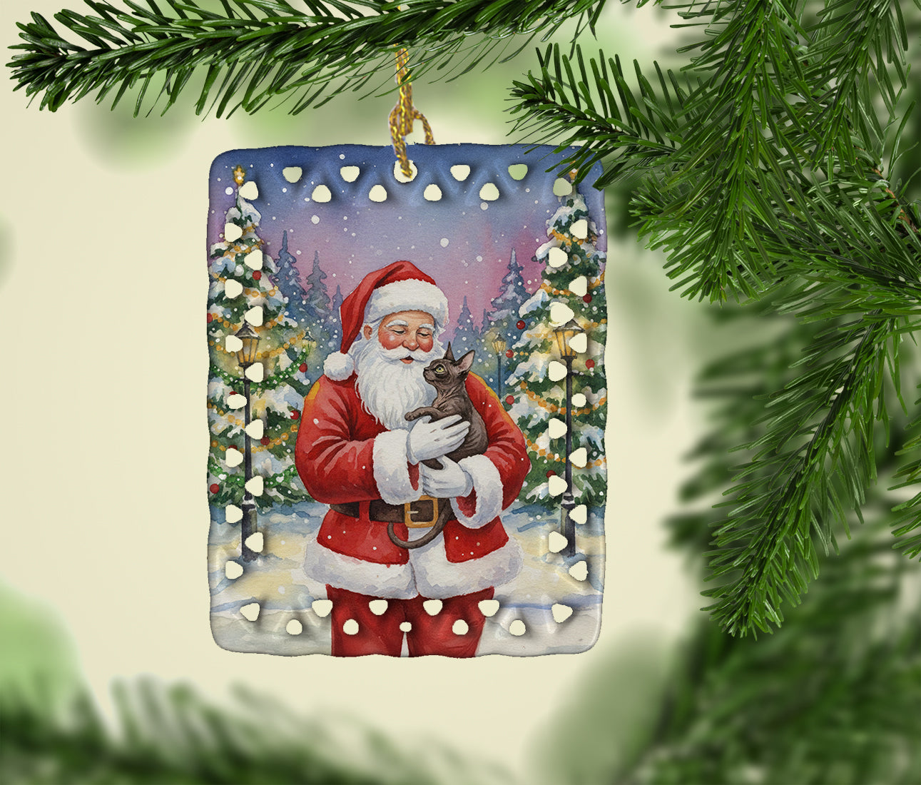 Caroline's Treasures Lykoi Cat with Santa Claus Porcelain Ornament