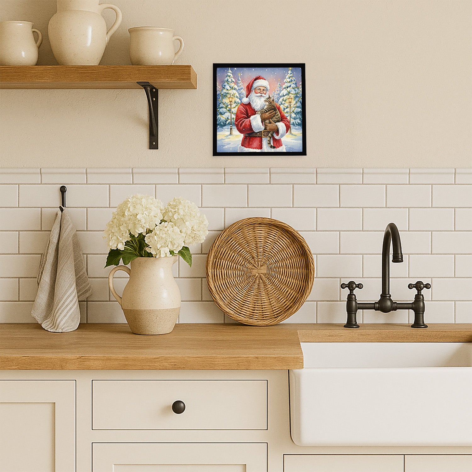 Caroline's Treasures Mackerel Tabby Brown Cat with Santa Claus Framed Metal Print