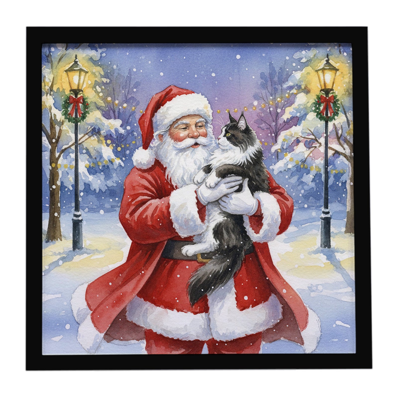 Caroline's Treasures MaineCoon Black & White Cat with Santa Claus Framed Metal Print