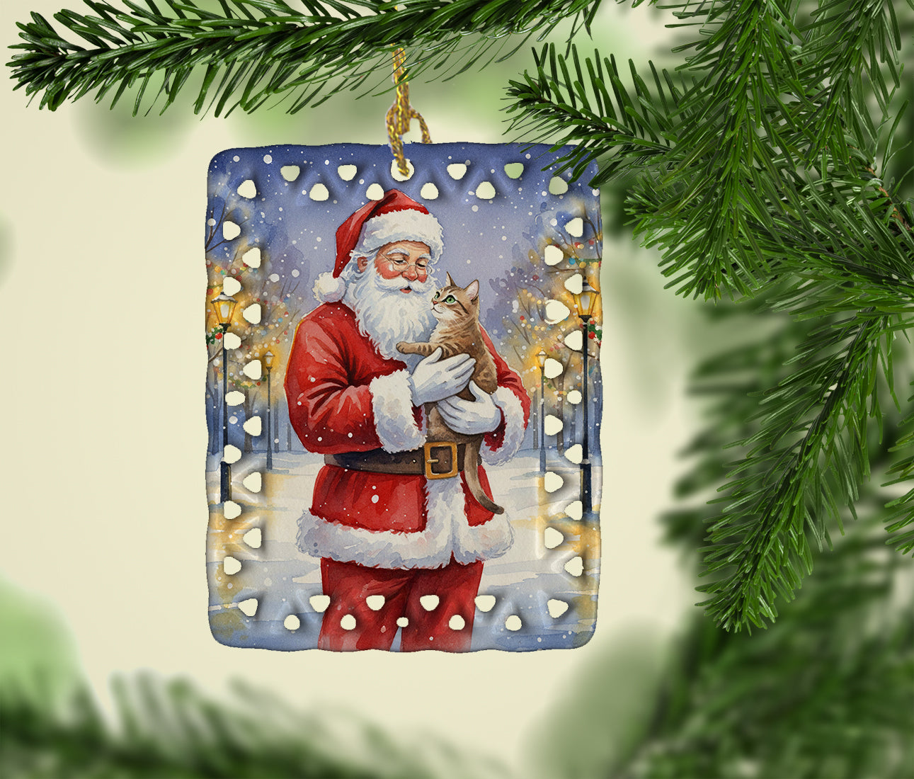 Caroline's Treasures Malayan Cat with Santa Claus Porcelain Ornament