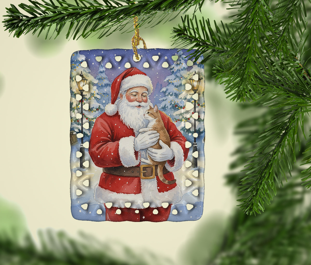 Caroline's Treasures Manx Cat with Santa Claus Porcelain Ornament