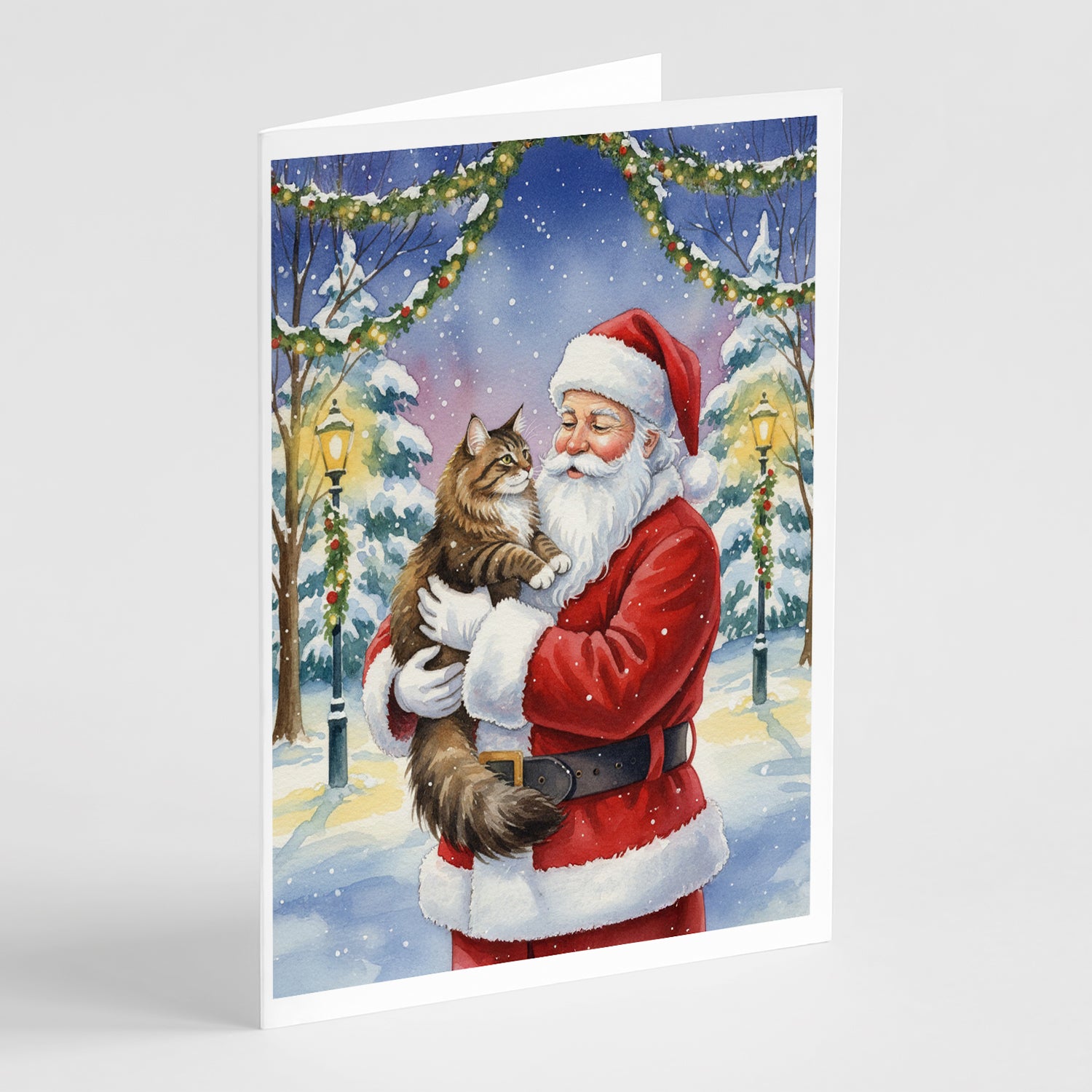 Caroline's Treasures Norwegian Forest Cat Brown Tabby with Santa Claus Greeting Cards Pack of 8