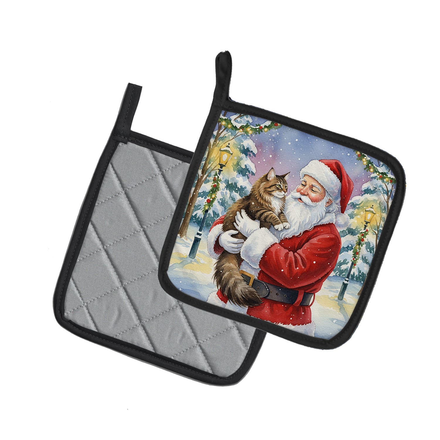 Caroline's Treasures Norwegian Forest Cat Brown Tabby with Santa Claus Pair of Pot Holders