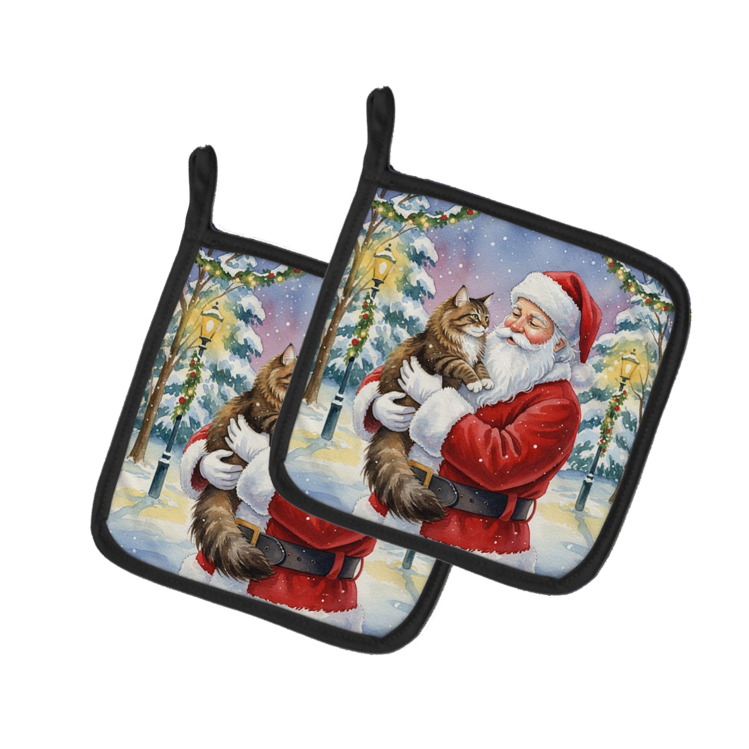 Caroline's Treasures Norwegian Forest Cat Brown Tabby with Santa Claus Pair of Pot Holders
