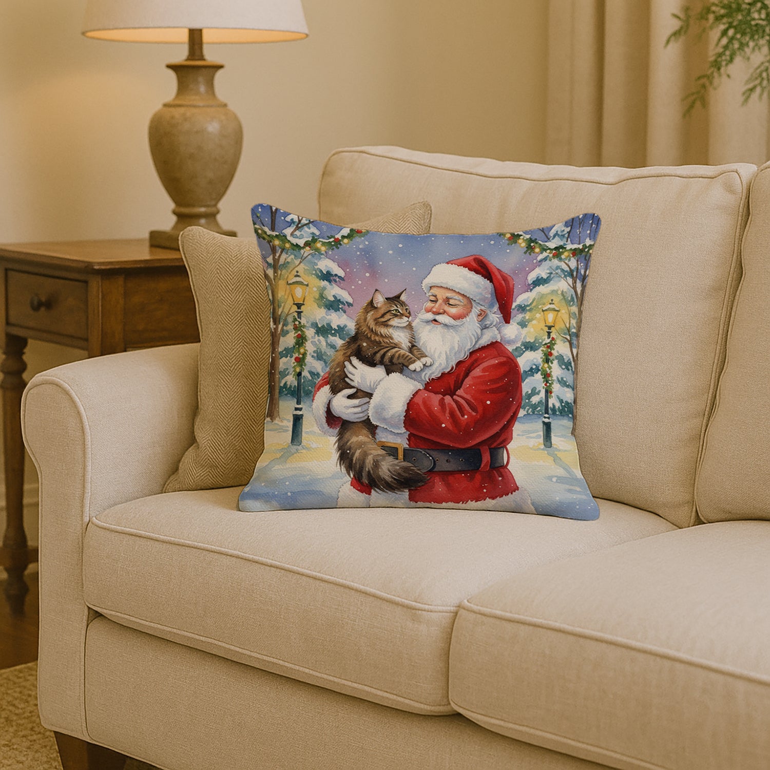 Caroline's Treasures Norwegian Forest Cat Brown Tabby with Santa Claus Throw Pillow