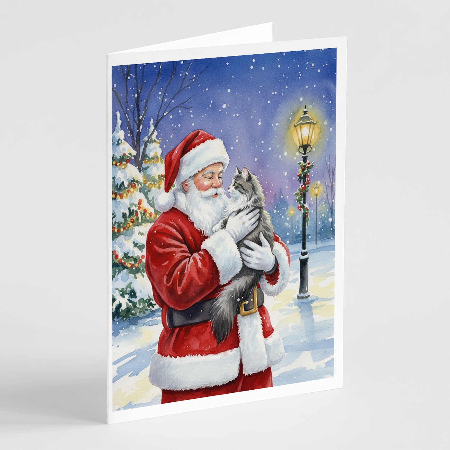 Caroline's Treasures Norwegian Forest Cat Gray and White with Santa Claus Greeting Cards Pack of 8