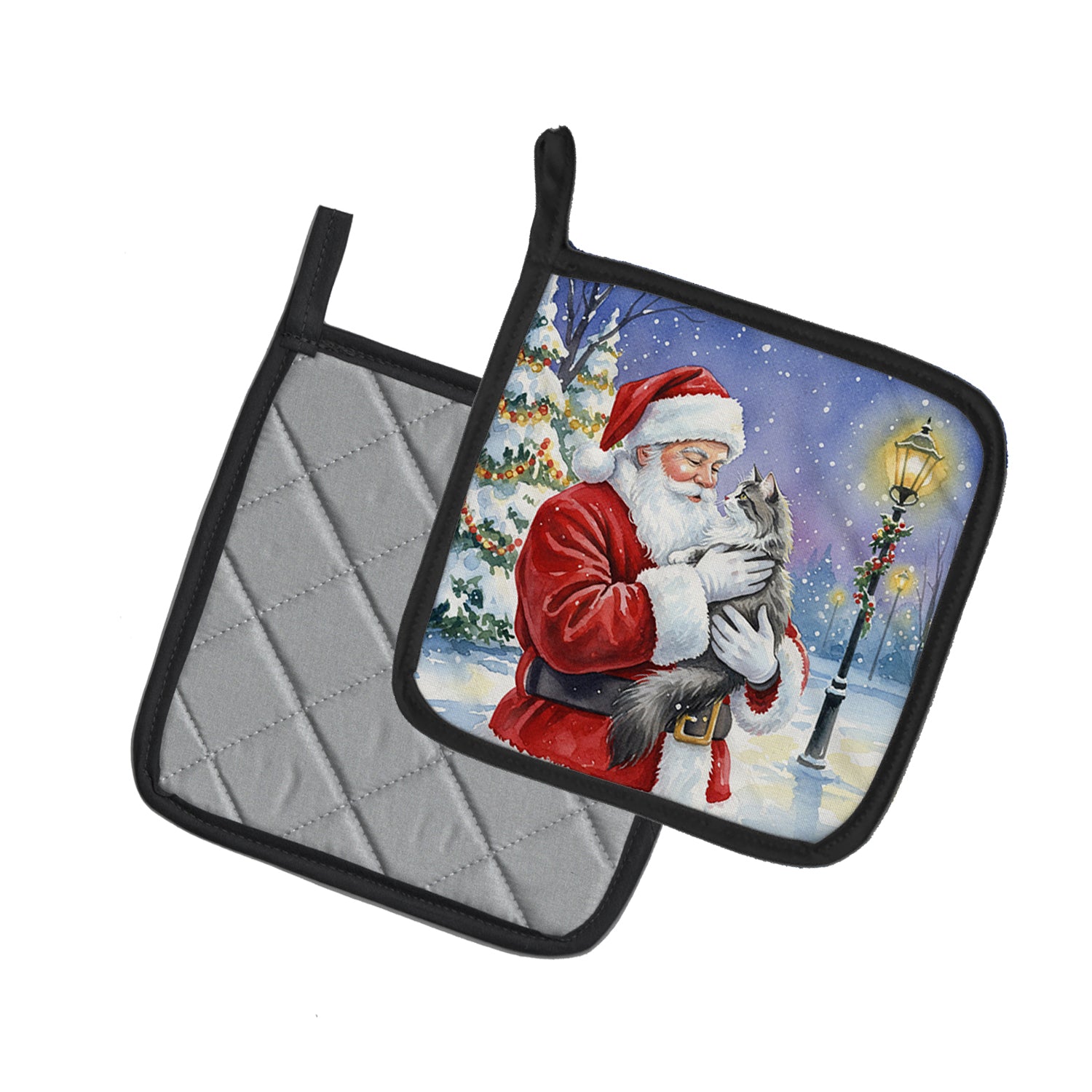 Caroline's Treasures Norwegian Forest Cat Gray and White with Santa Claus Pair of Pot Holders