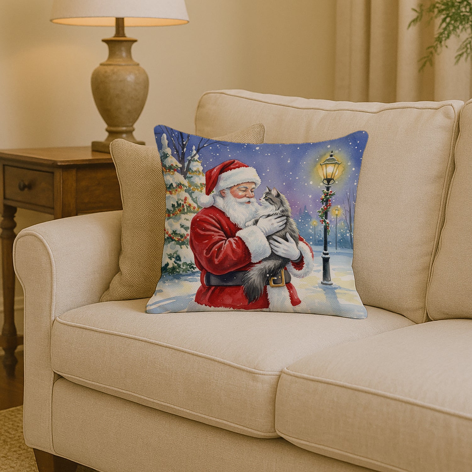 Caroline's Treasures Norwegian Forest Cat Gray and White with Santa Claus Throw Pillow