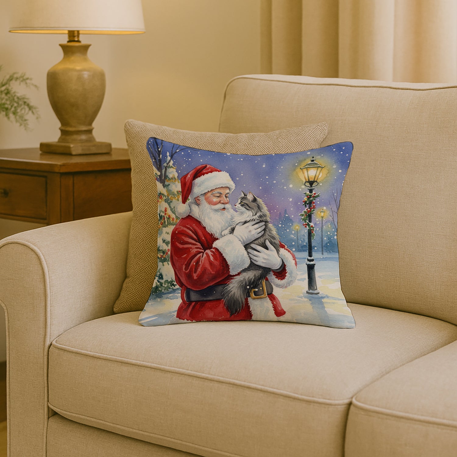 Caroline's Treasures Norwegian Forest Cat Gray and White with Santa Claus Throw Pillow
