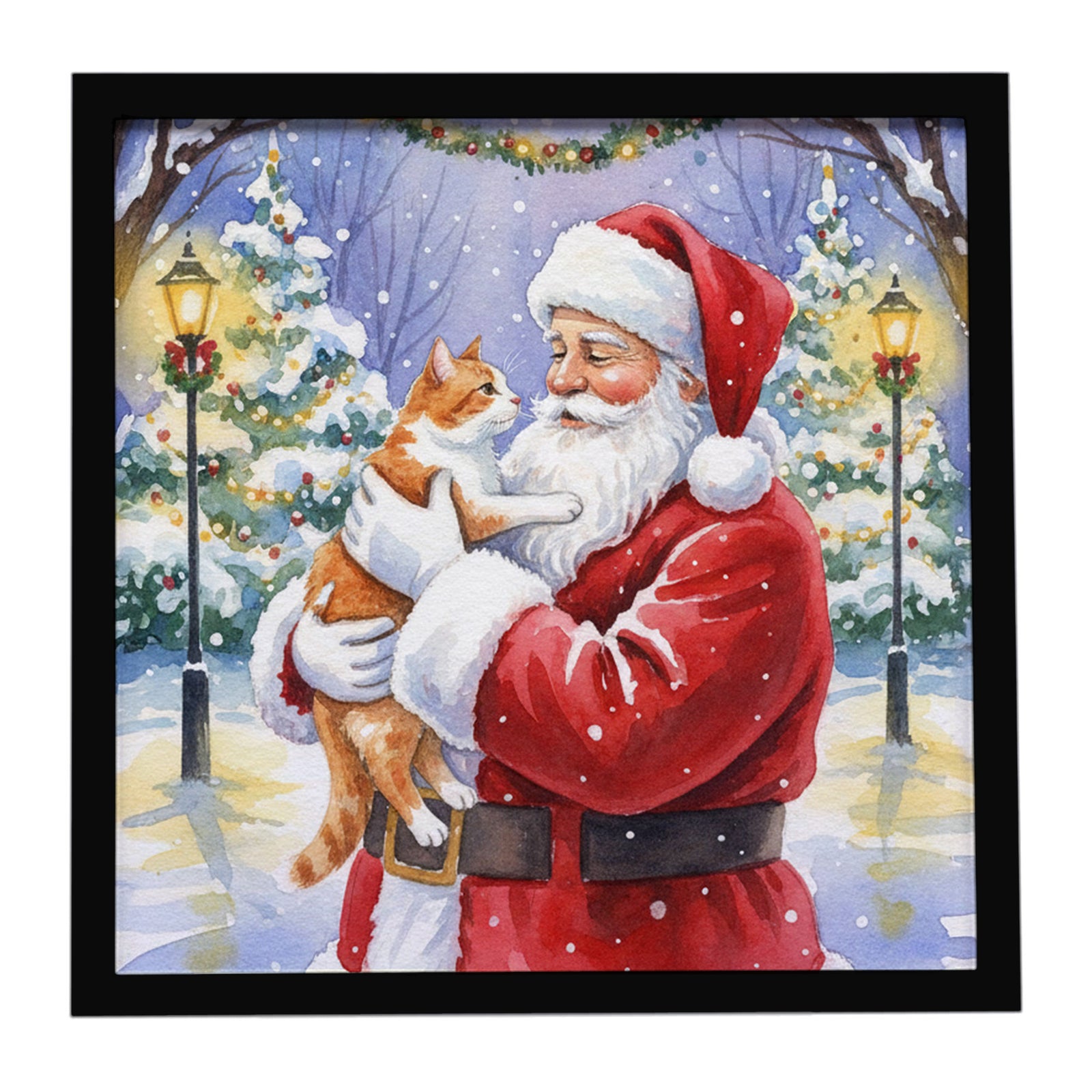 Caroline's Treasures Orange and White Cat with Santa Claus Framed Metal Print