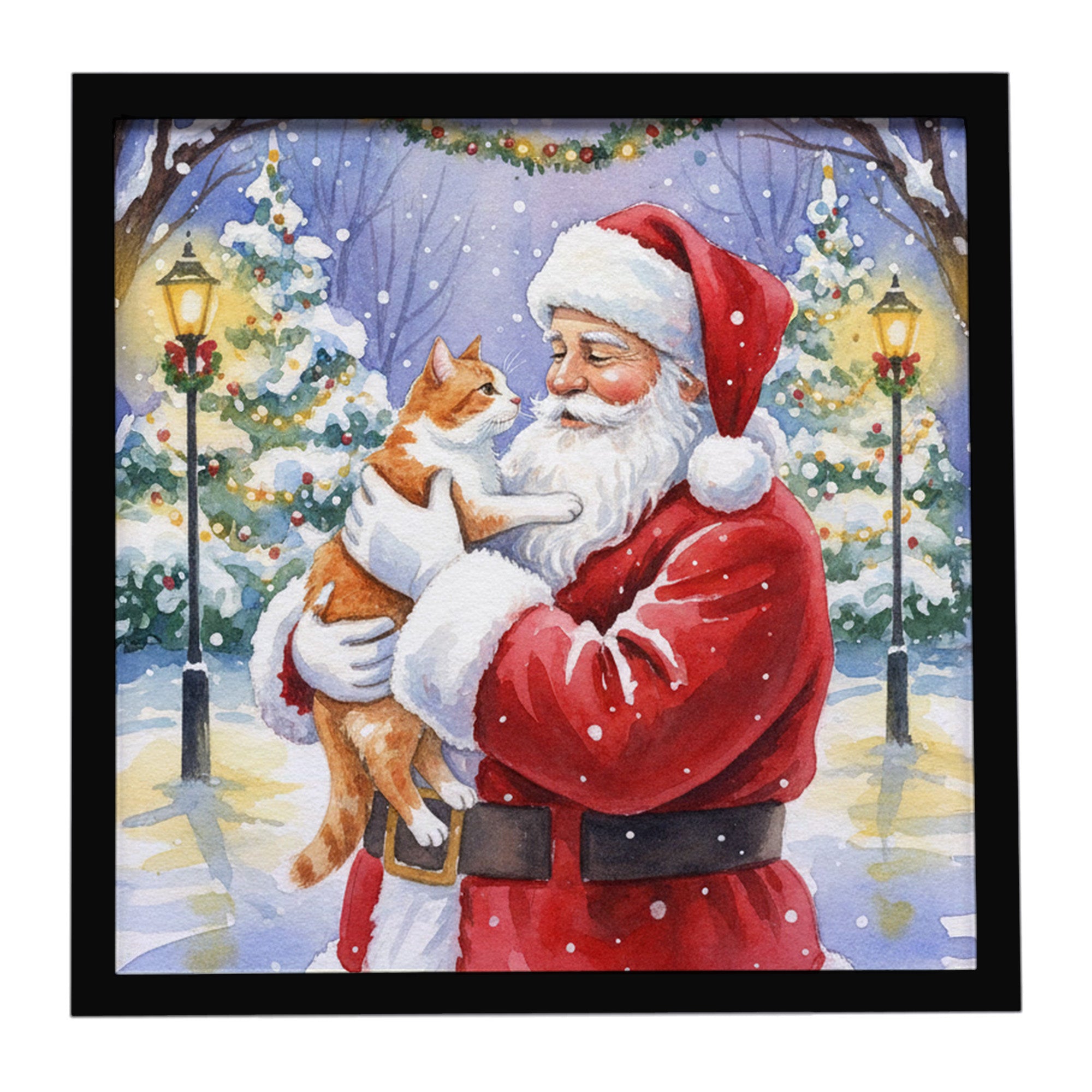 Caroline's Treasures Orange and White Cat with Santa Claus Framed Metal Print