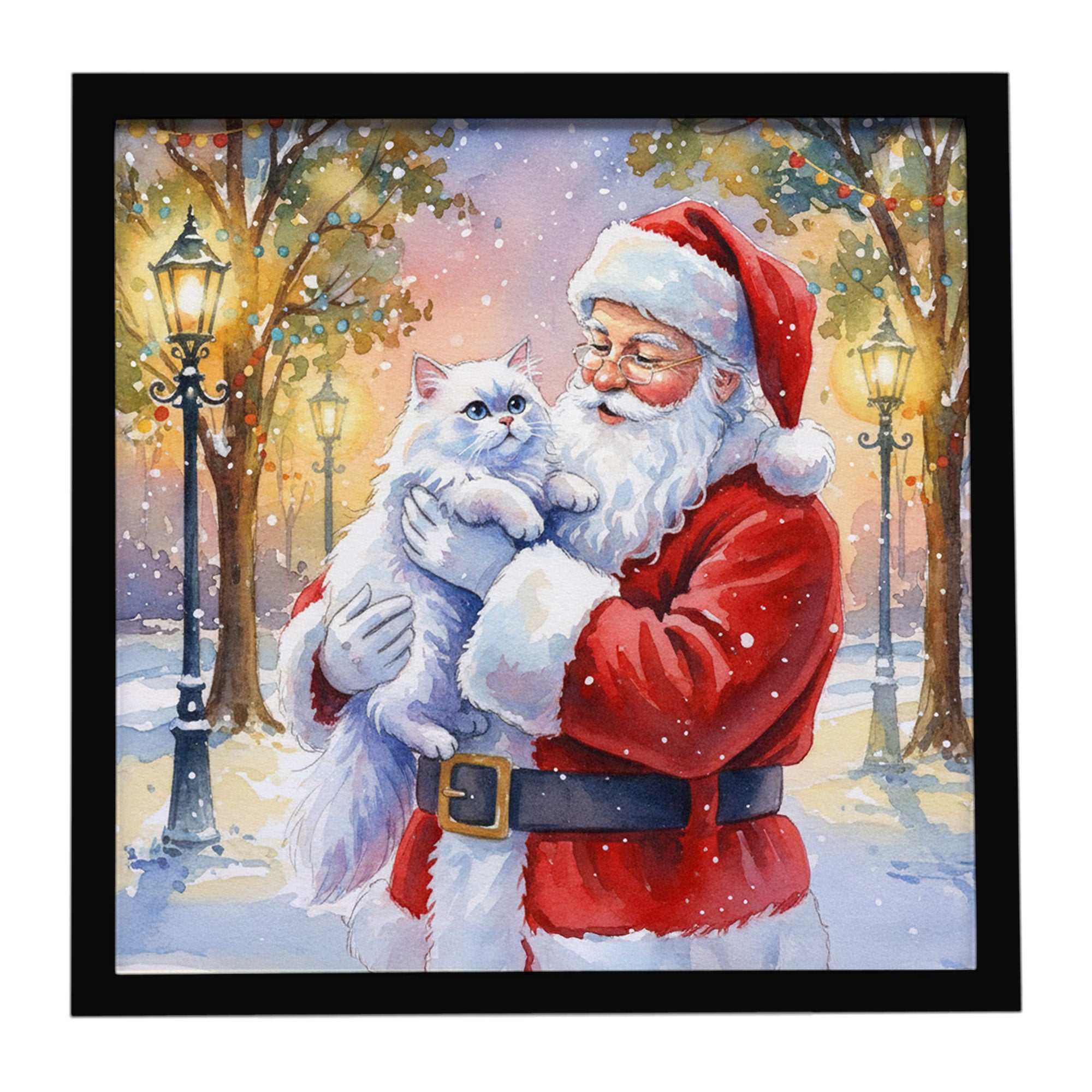 Caroline's Treasures Persian White Cat with Santa Claus Framed Metal Print