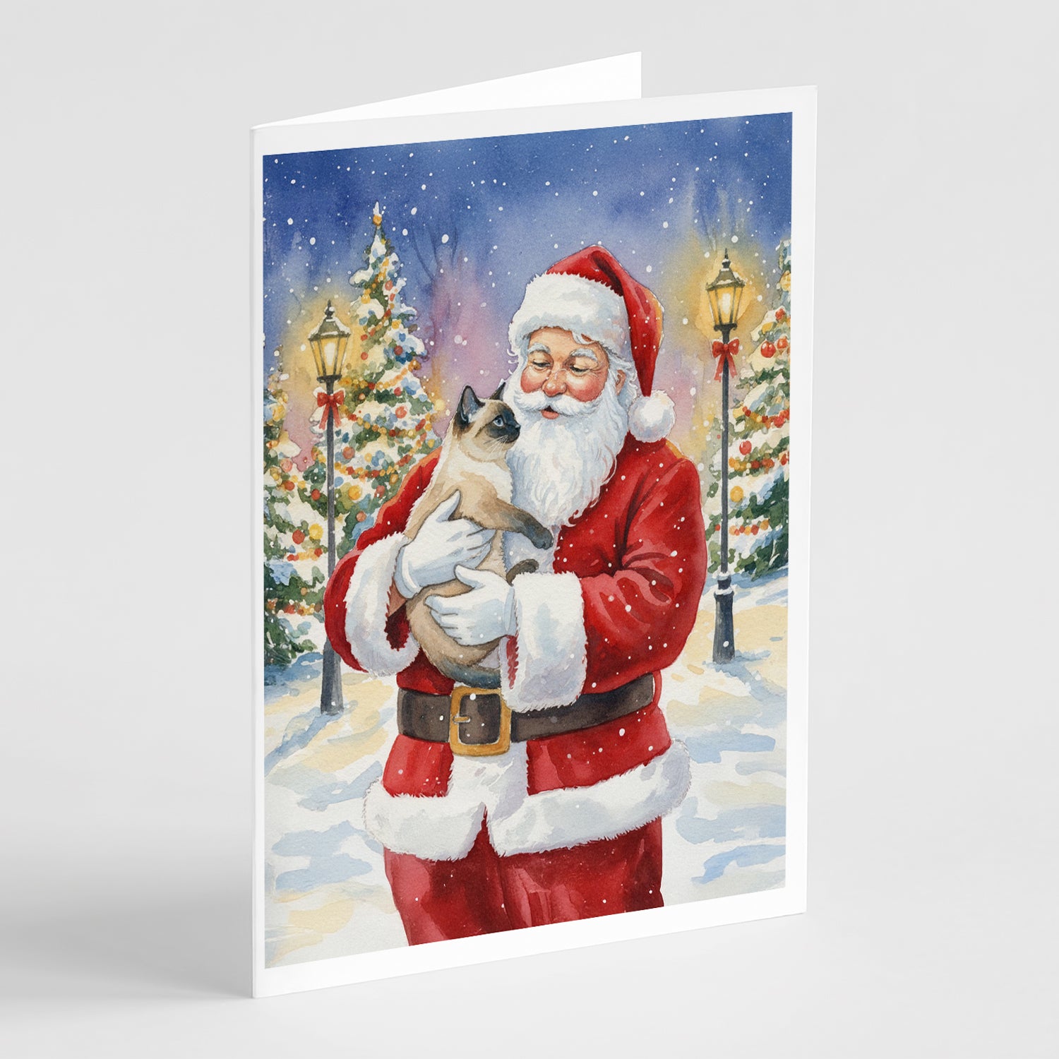 Caroline's Treasures Siamese Cat with Santa Claus Greeting Cards Pack of 8