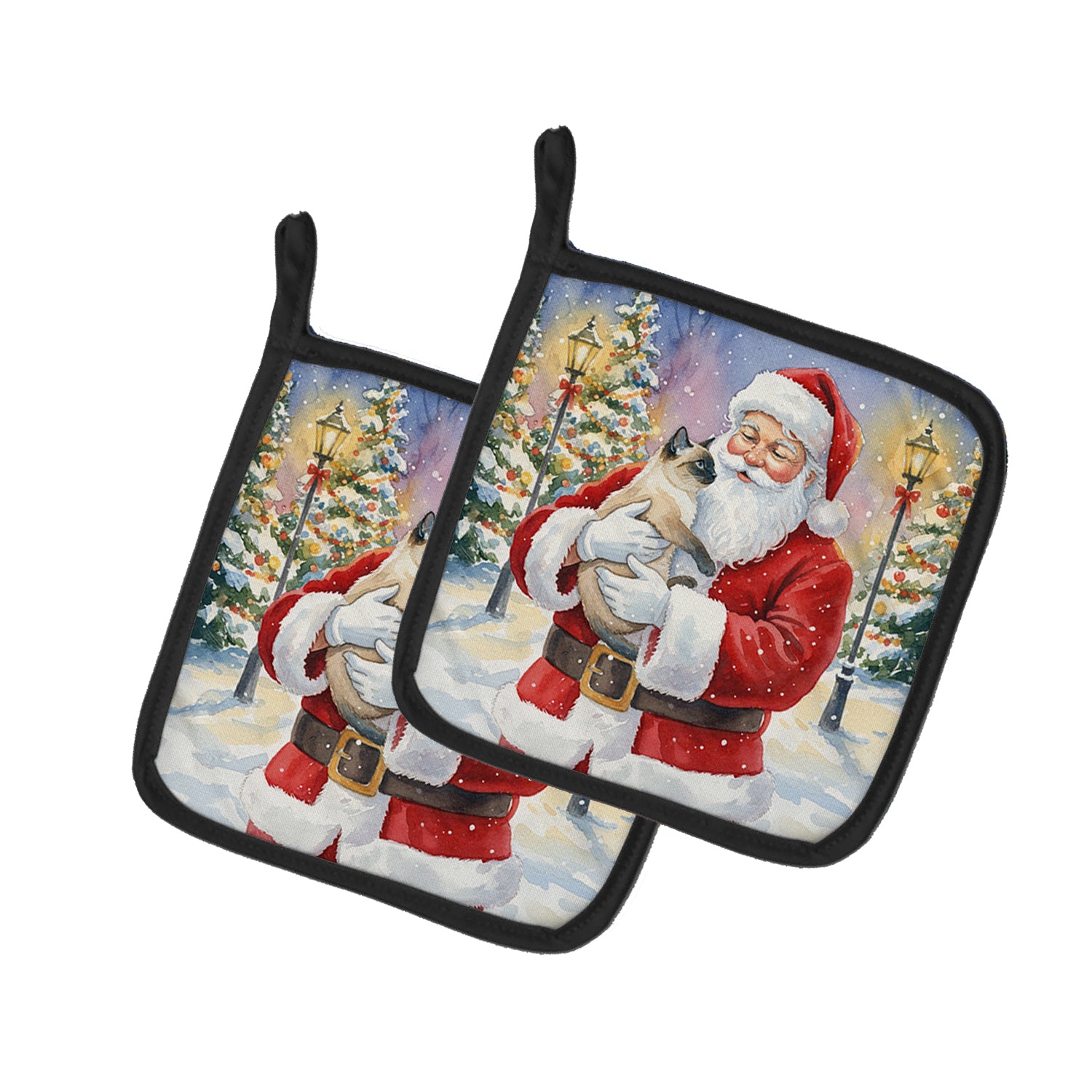 Caroline's Treasures Siamese Cat with Santa Claus Pair of Pot Holders