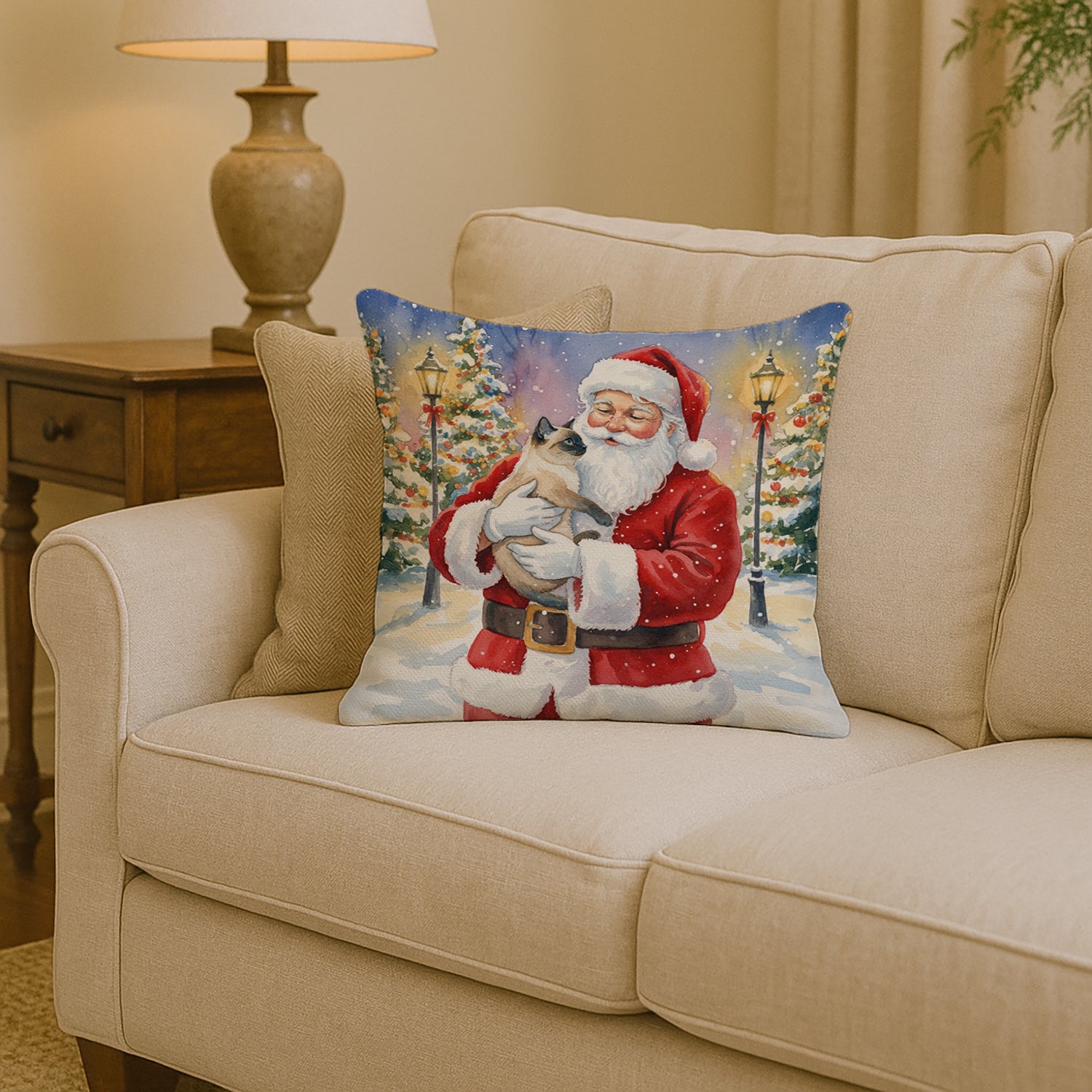 Caroline's Treasures Siamese Cat with Santa Claus Throw Pillow