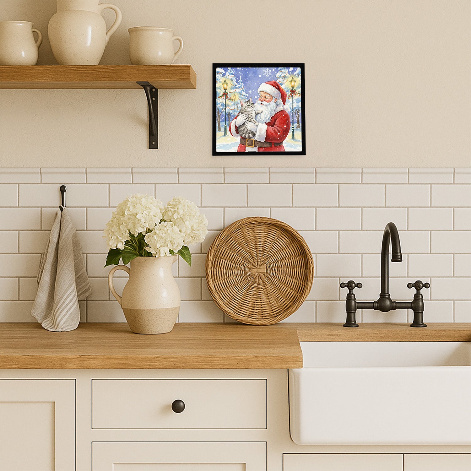 Caroline's Treasures Silver Mackerel Tabby Cat with Santa Claus Framed Metal Print