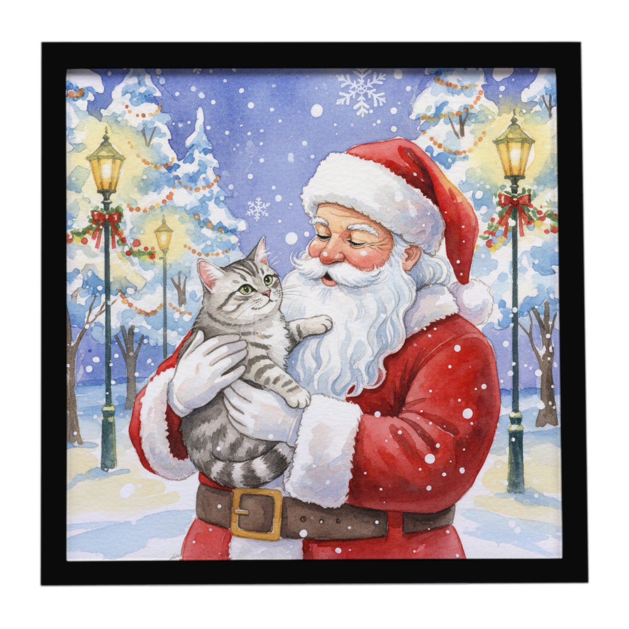 Caroline's Treasures Silver Mackerel Tabby Cat with Santa Claus Framed Metal Print