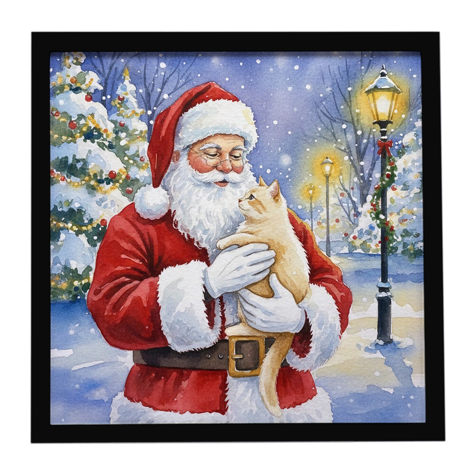 Caroline's Treasures Cream Cat with Santa Claus Framed Metal Print