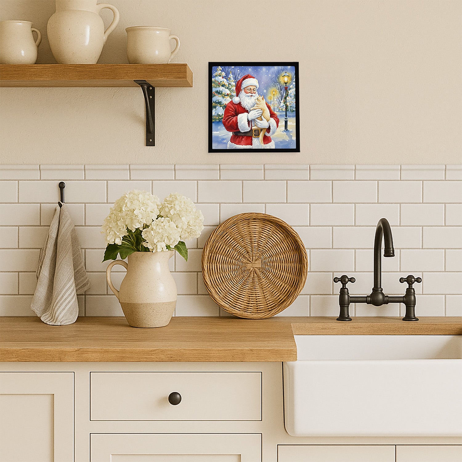 Caroline's Treasures Cream Cat with Santa Claus Framed Metal Print