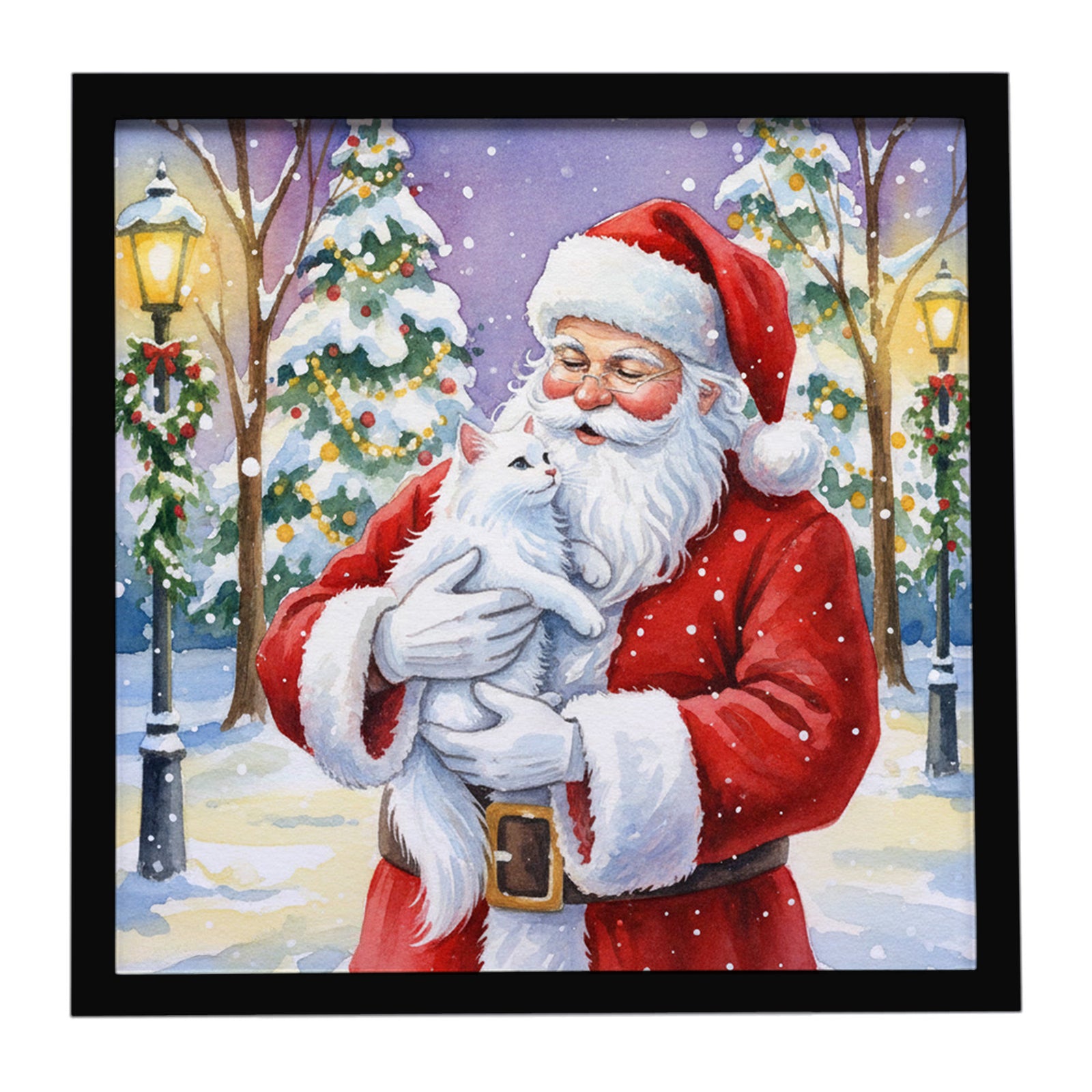 Caroline's Treasures White Cat with Santa Claus Framed Metal Print