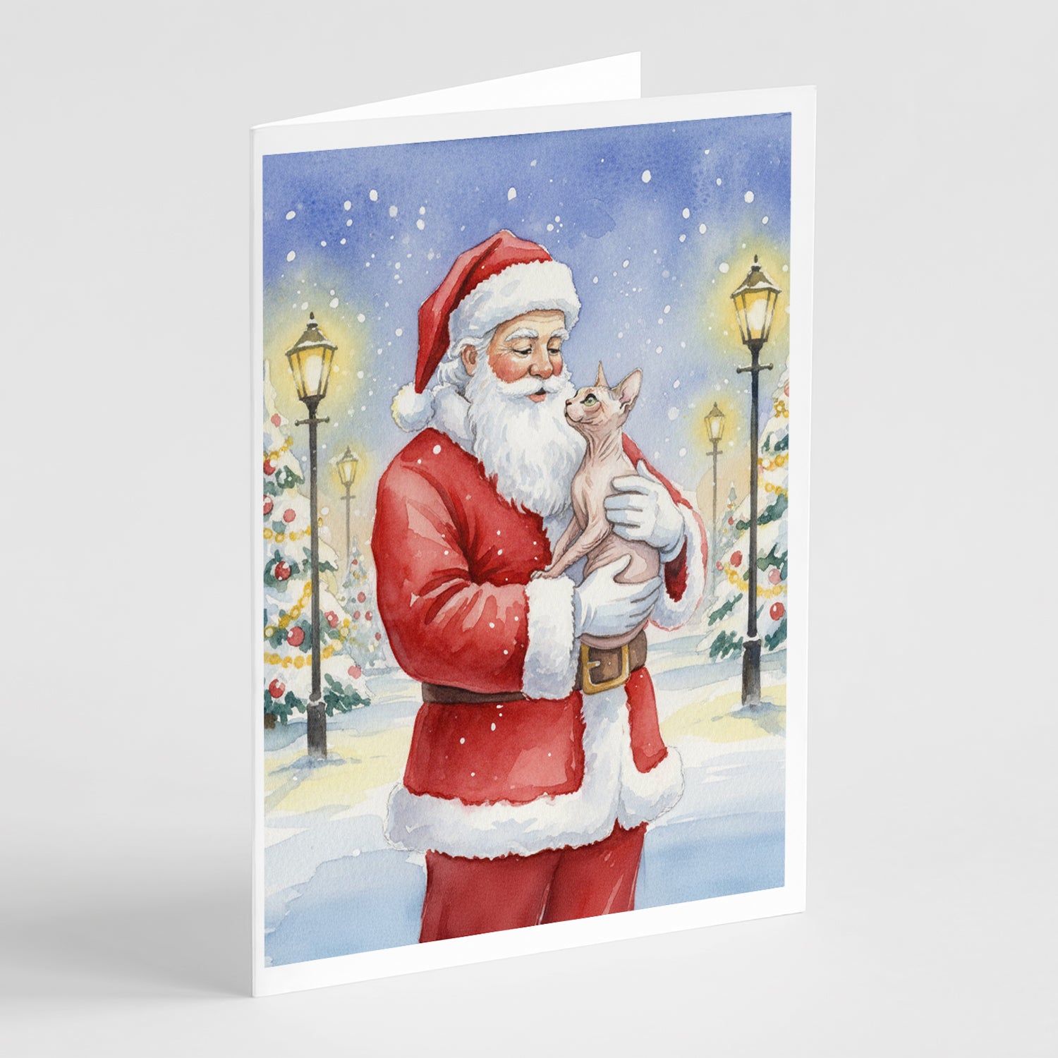 Caroline's Treasures Sphynx Cat with Santa Claus Greeting Cards Pack of 8