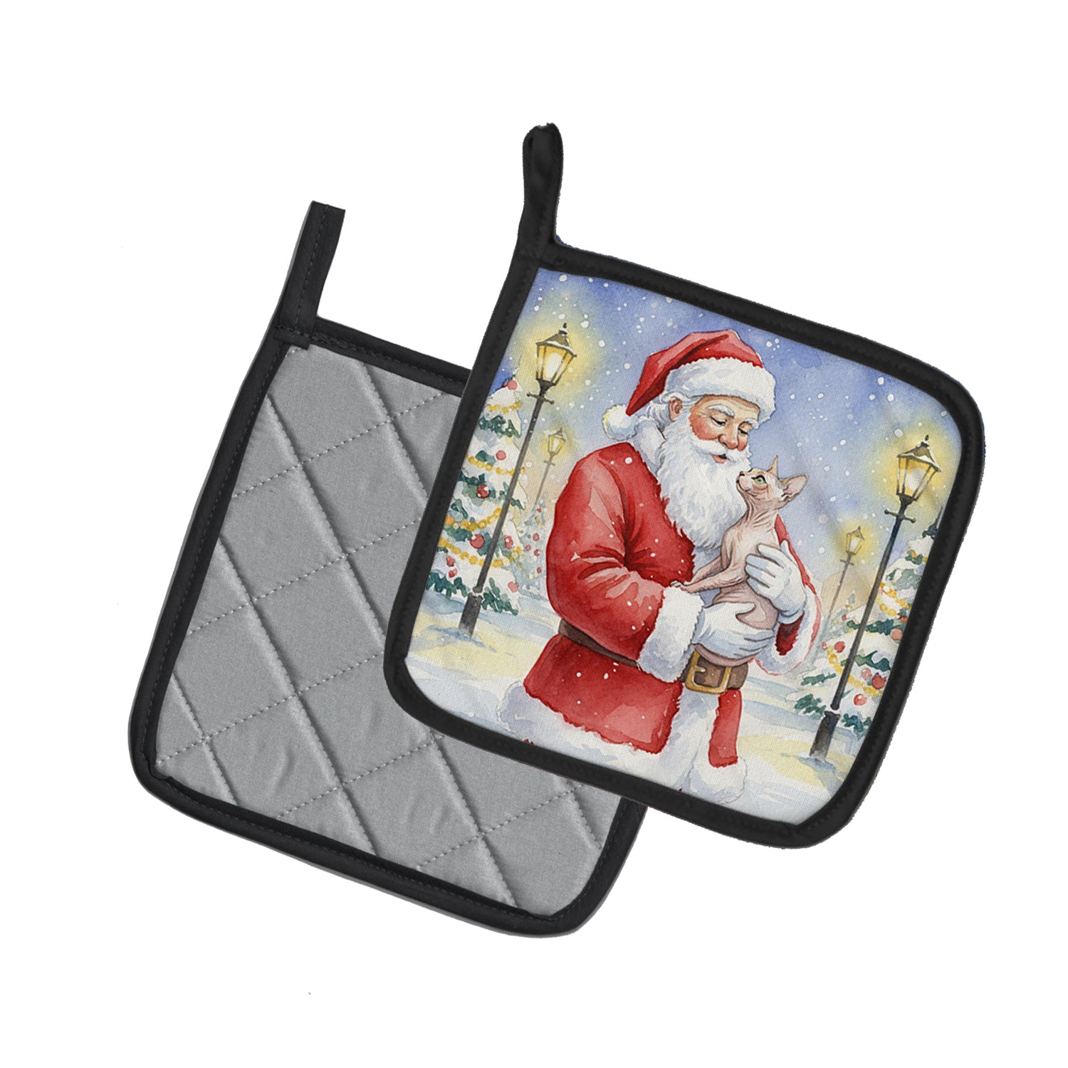 Caroline's Treasures Sphynx Cat with Santa Claus Pair of Pot Holders