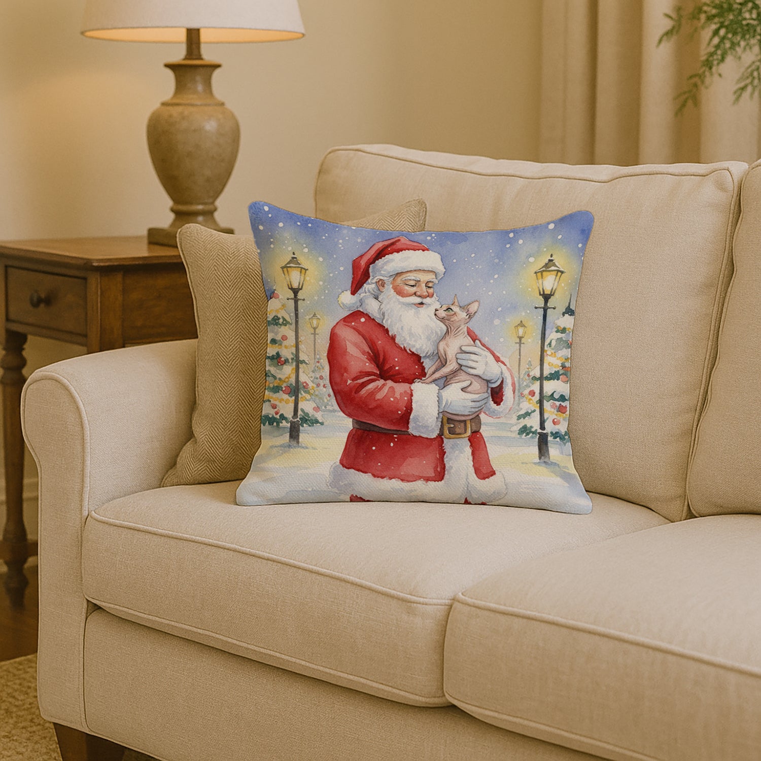Caroline's Treasures Sphynx Cat with Santa Claus Throw Pillow