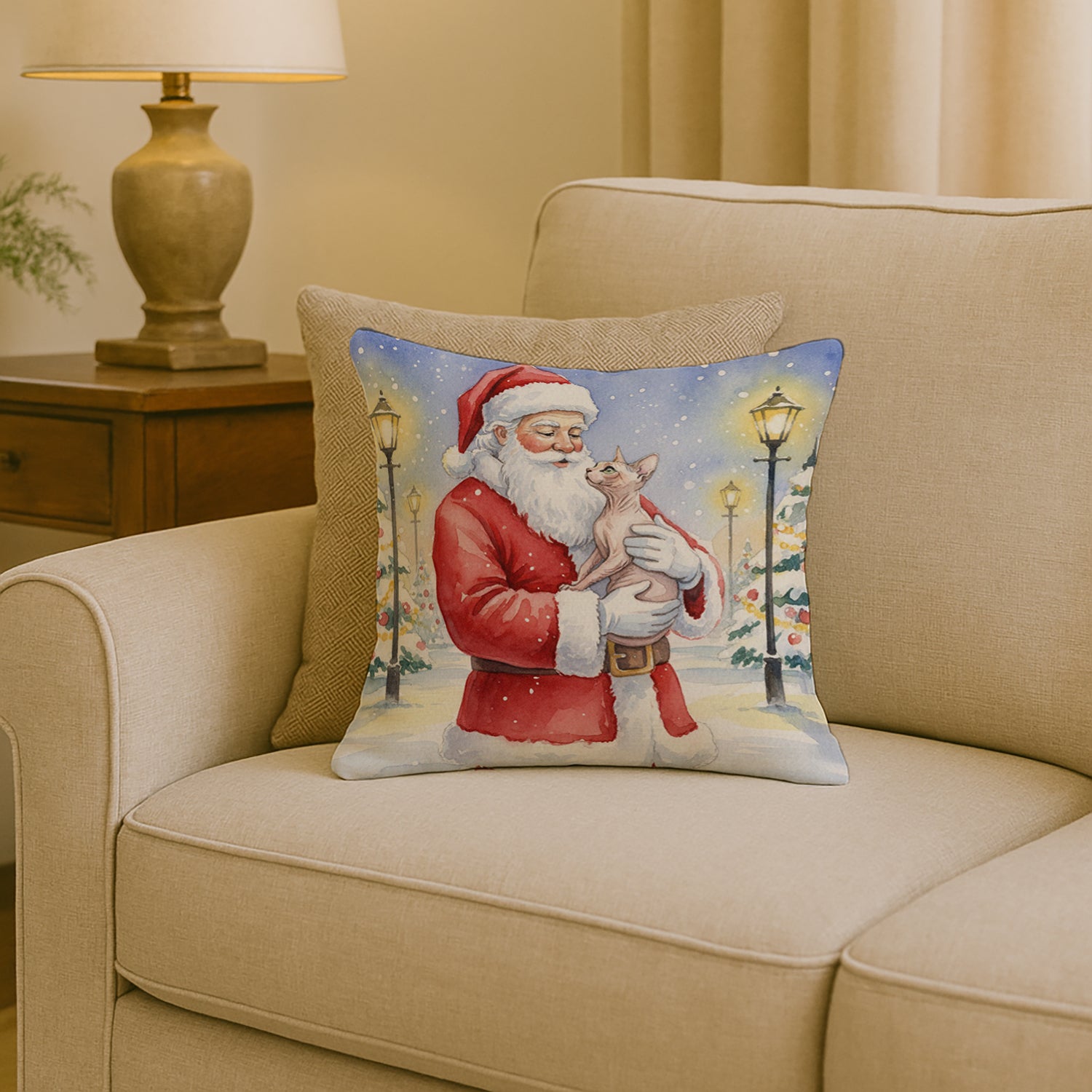 Caroline's Treasures Sphynx Cat with Santa Claus Throw Pillow