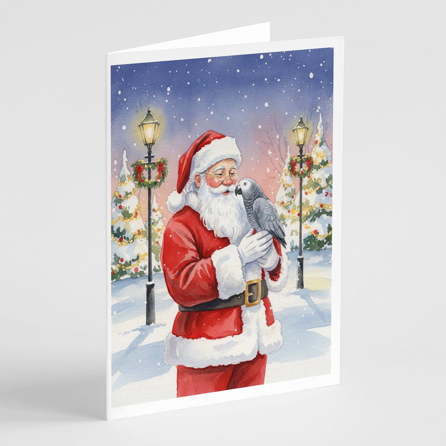 Caroline's Treasures African Grey Parrot with Santa Claus Greeting Cards Pack of 8