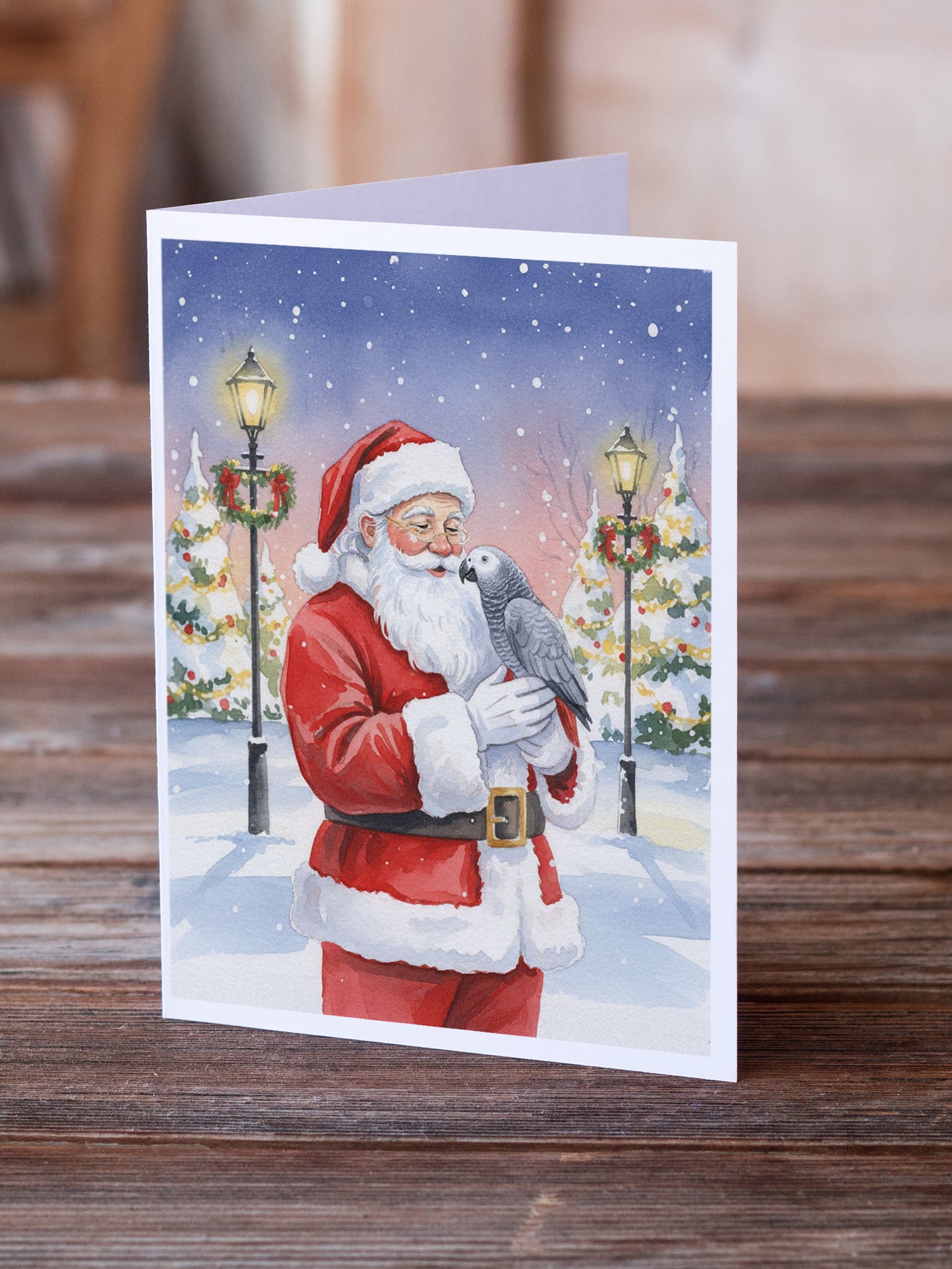 Caroline's Treasures African Grey Parrot with Santa Claus Greeting Cards Pack of 8