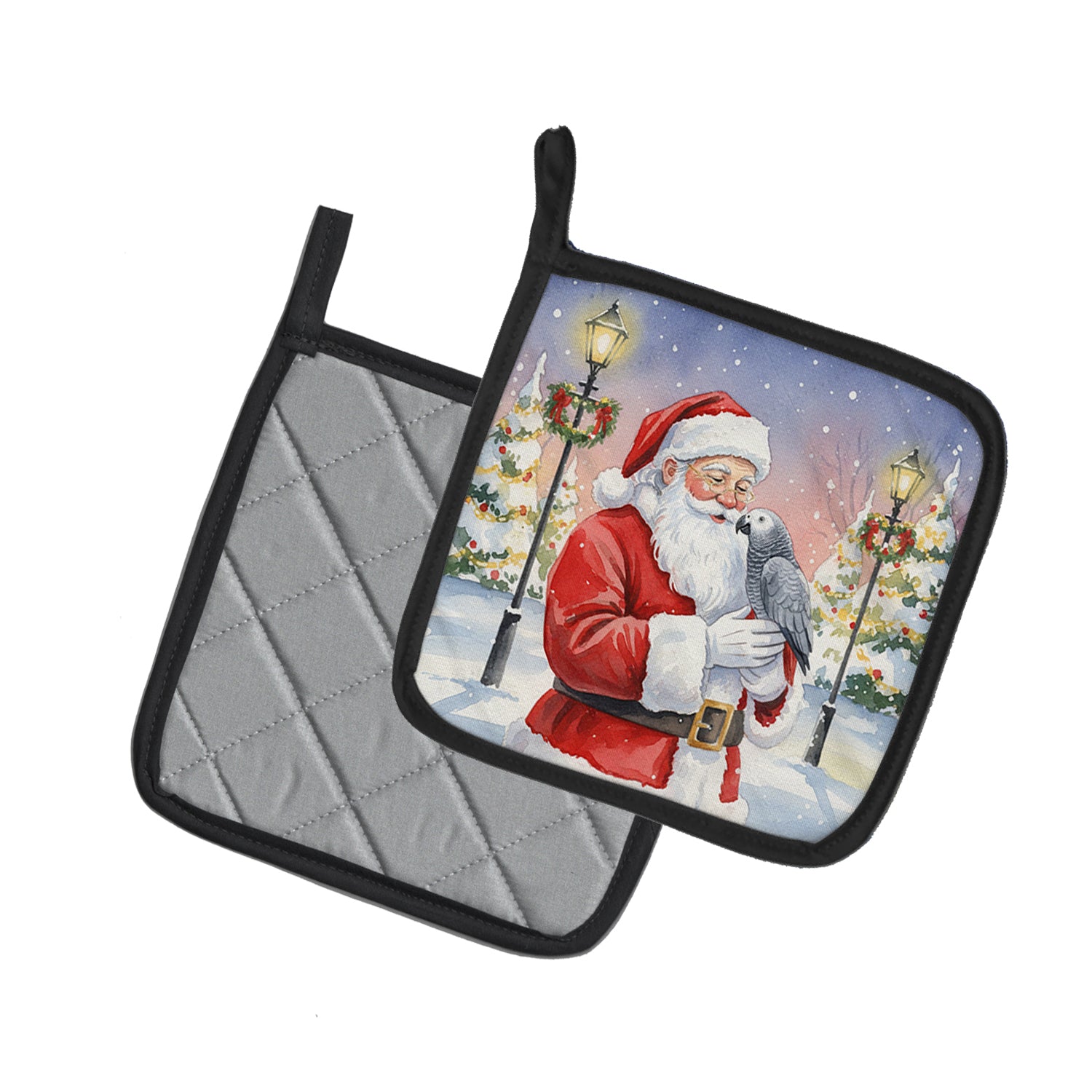 Caroline's Treasures African Grey Parrot with Santa Claus Pair of Pot Holders