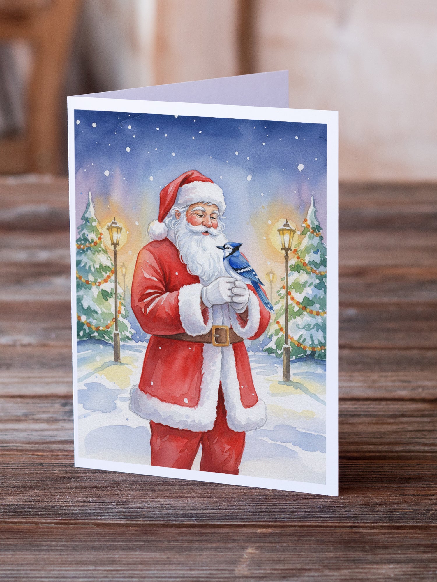 Caroline's Treasures Blue Jay with Santa Claus Greeting Cards Pack of 8