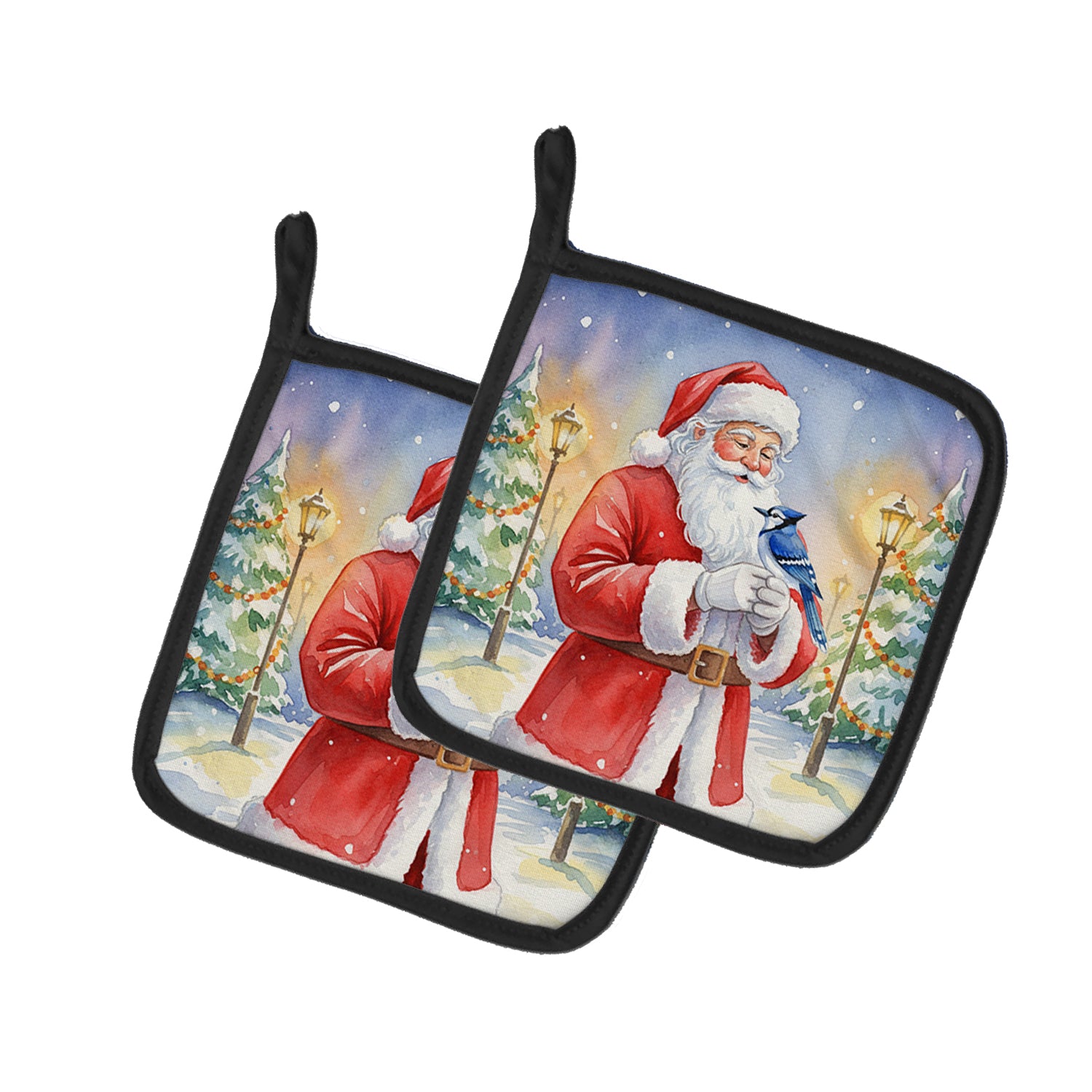 Caroline's Treasures Blue Jay with Santa Claus Pair of Pot Holders