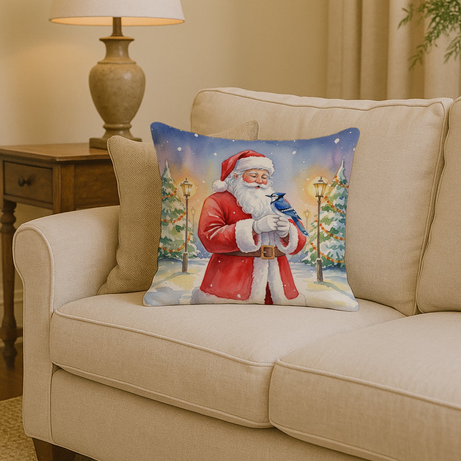 Caroline's Treasures Blue Jay with Santa Claus Throw Pillow