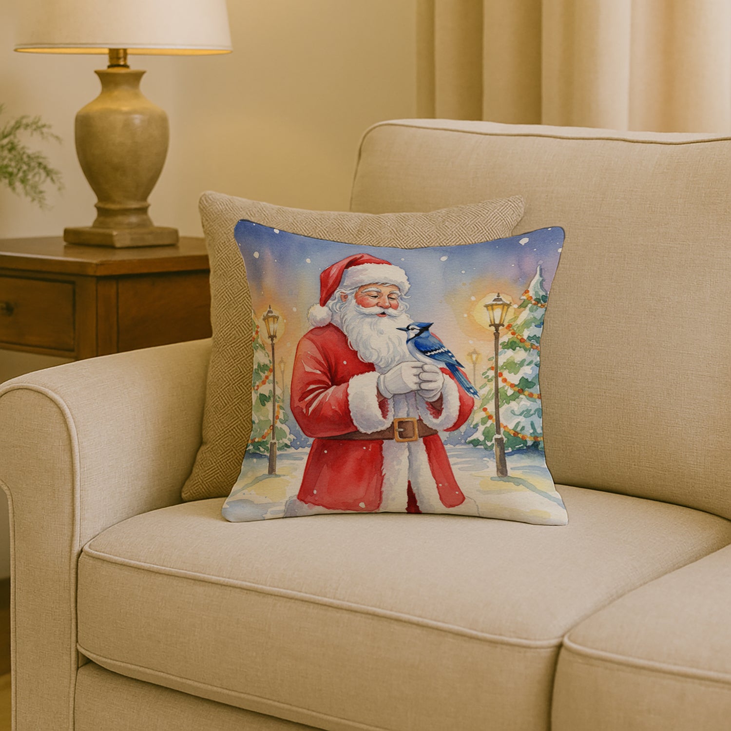 Caroline's Treasures Blue Jay with Santa Claus Throw Pillow